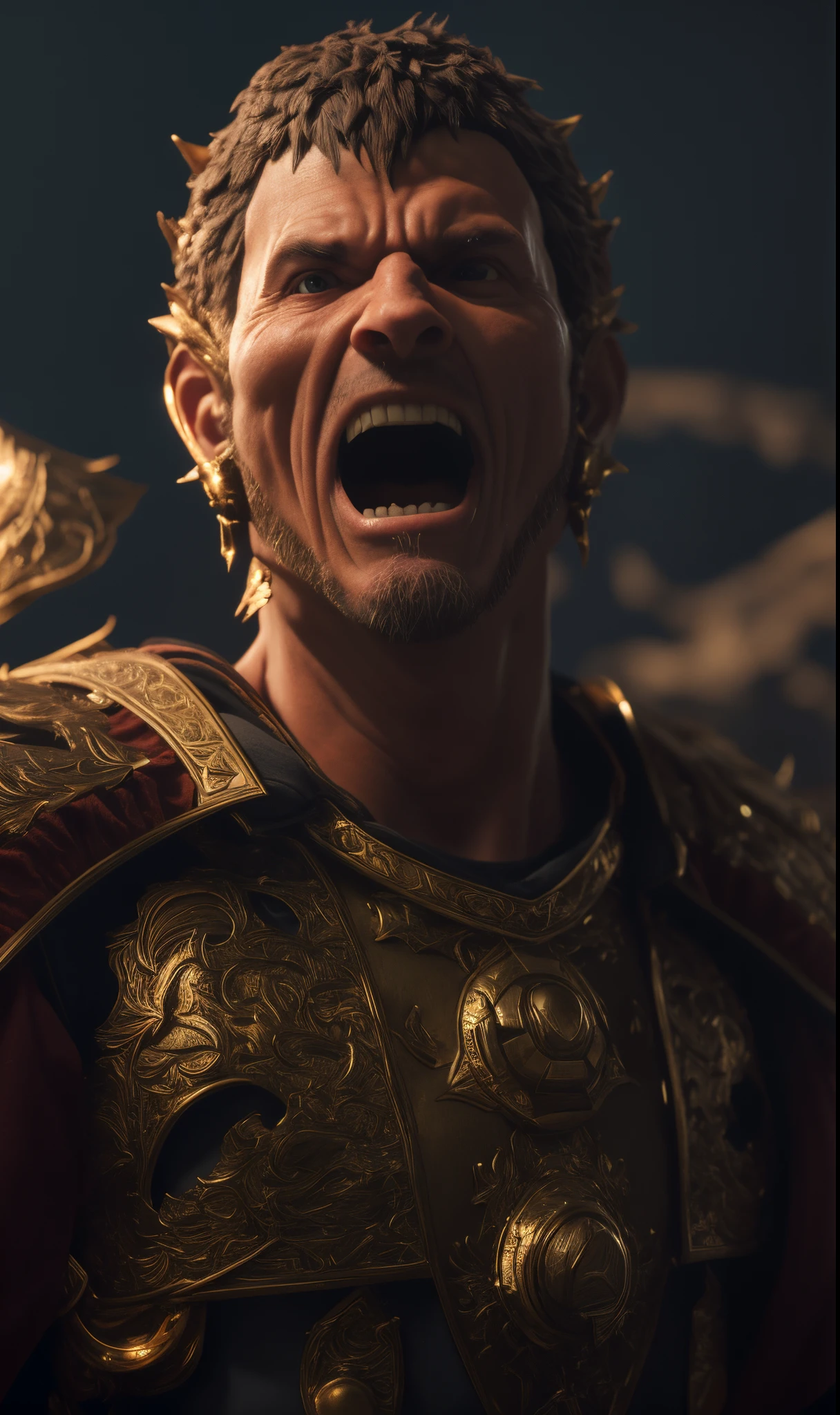 imagem arafada de um homem de armadura com a boca aberta, detailed cinematic render, Trending in ArtStation 4K, 8 k cg render, hyper - realistic vfx render, cinematic 3d render, cinematic render, artstation 4k, 8k render", detailed 4k render, renderização vfx hiperrealista, estilo fantasia 8 k octane render, Ultra detailed kinematics