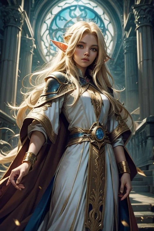 a pretty mage elf blonde with a long hair using mage robes