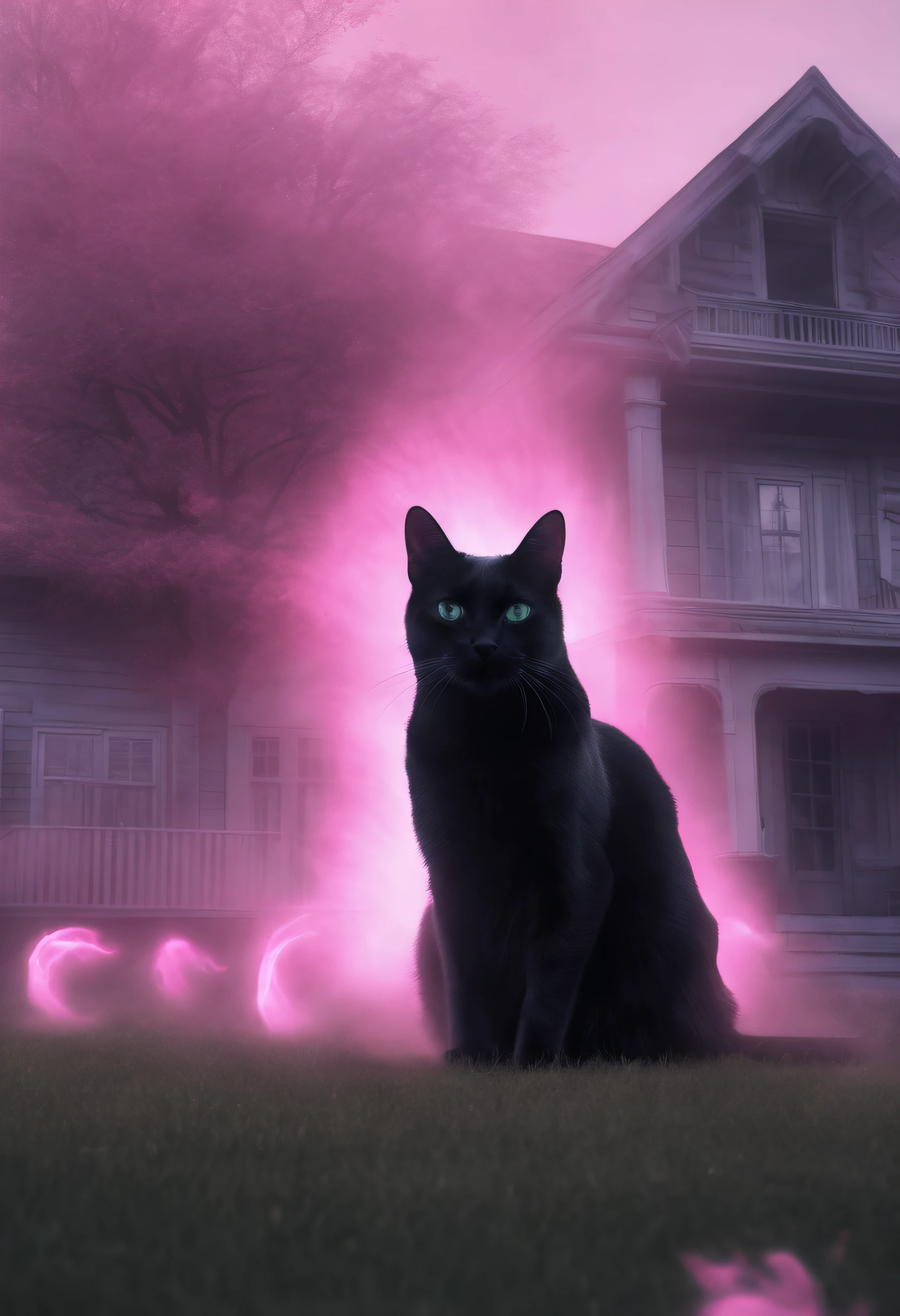 A ghost of a black cat guarding the house lawn, a black cat pink hologram texture, pink translucent spirit of a black cat, spirit of a black cat hologram, low opacity, conceptual art, ghostly form, pink fog around the spirit of the cat, glowing fog intricate ghosty black cat, photorealistic, glowing spirit black cat, photoreal, hyperrealism