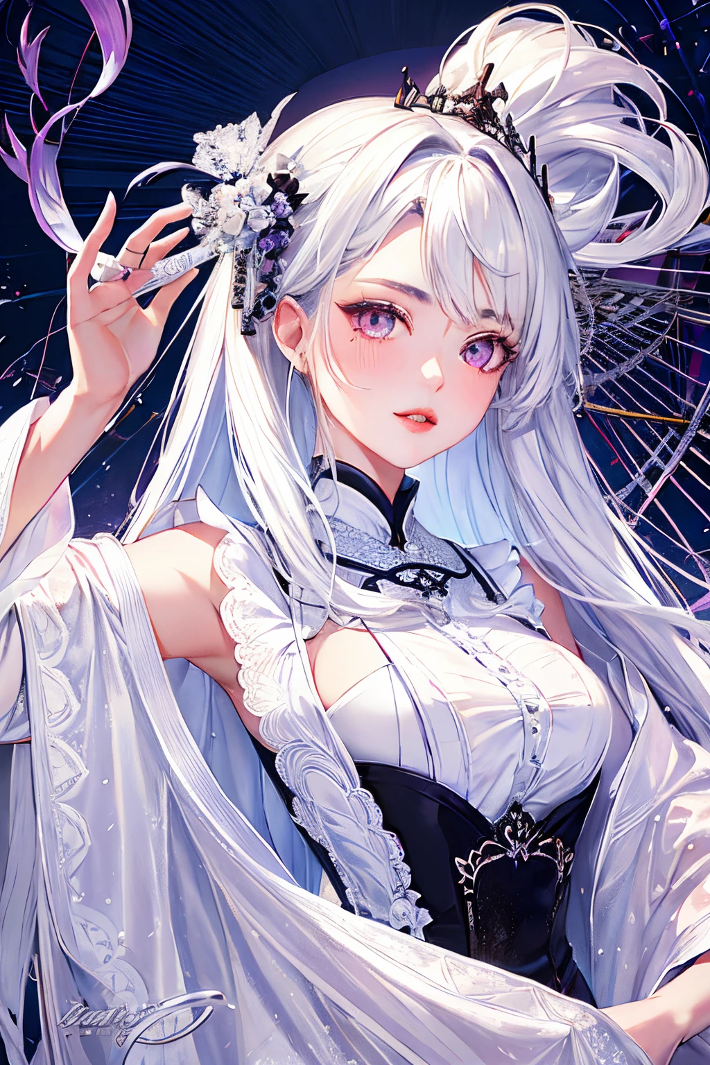 white hair,long,Loose fluffy,a beauty girl,Sauce order,Troubled eyebrows, masterpiece、top-quality、top-quality、Official art、Beautifully Aesthetic:1.2)、 Sauce order,1girl in, 独奏,The upper part of the body,Purple Eye, Extreme details、highestdetailed、Optical Mixing、Playful patterns、lively texture、unique visual effect,Kamimei,No hair ornaments、lip、Teardrops、chin mole