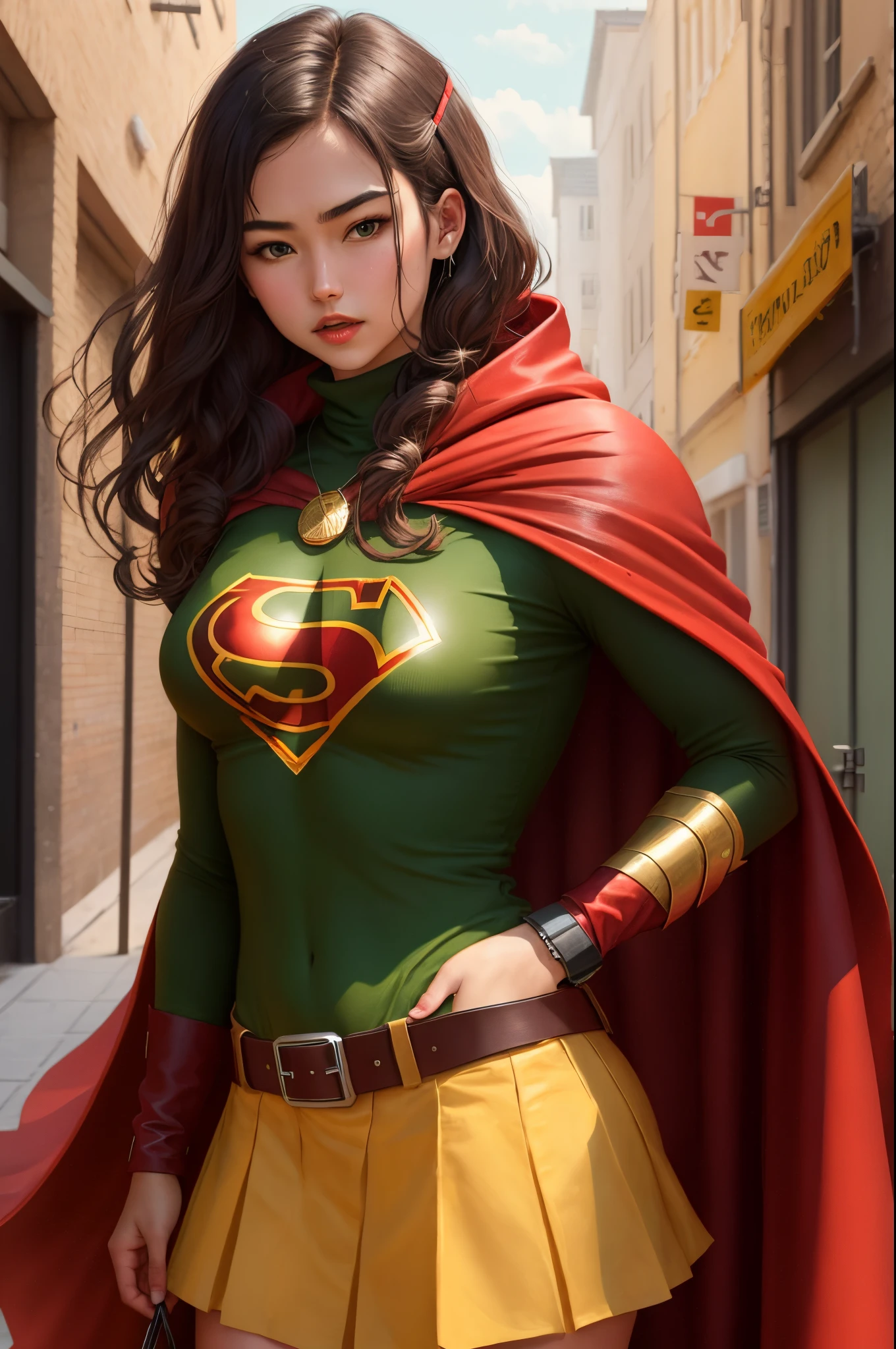 Create a superhero with green clothes and a red cape with the letter N printed on the chest