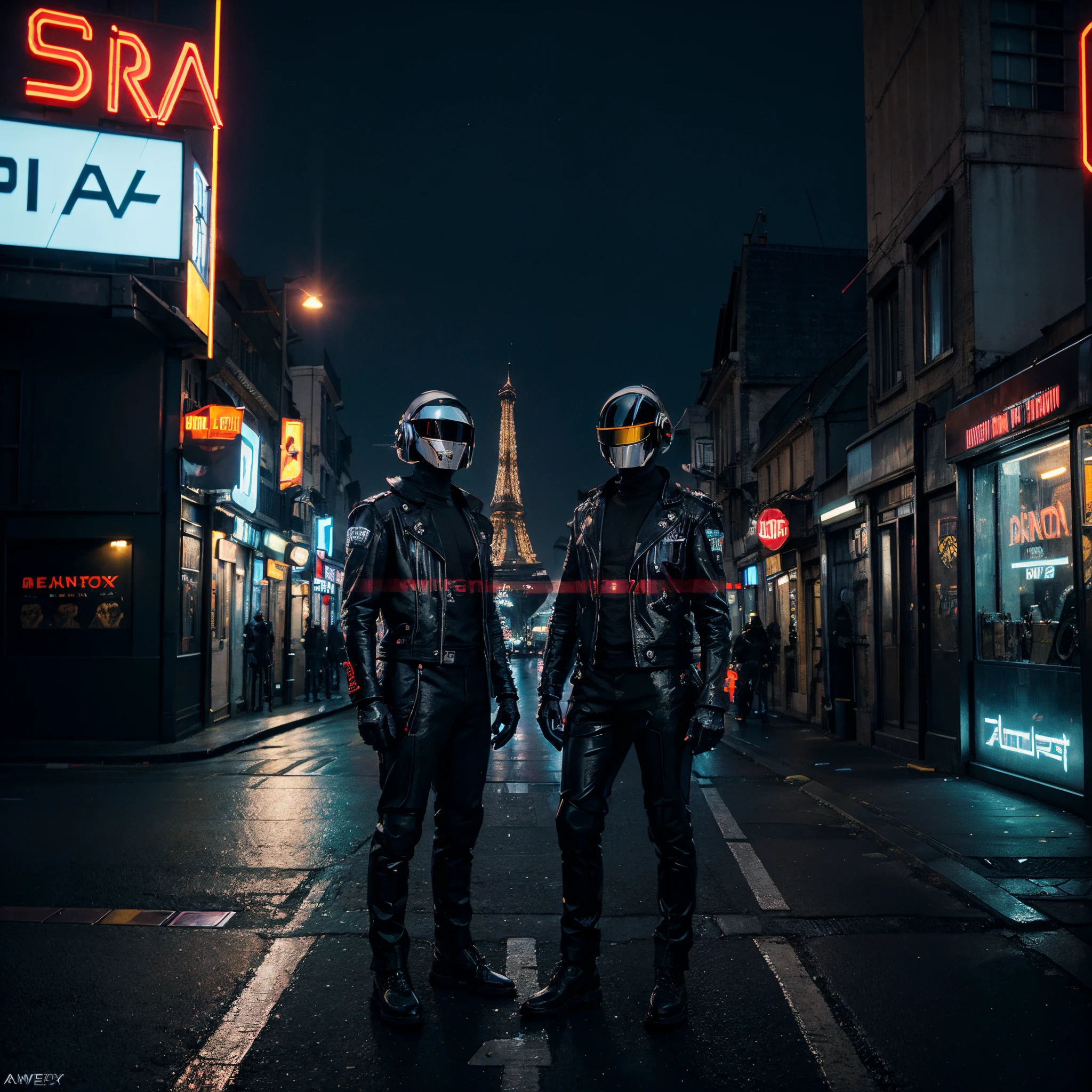 Daft Punk on a cyberpunk themed street im Paris.Eiffel Tower in the background. Neon signs in the background. Night time. 3D render, High detail. 8k, masterpiece. Digital Painting. Reflections, ultra realistic. Detailed textures. Movie Poster effect