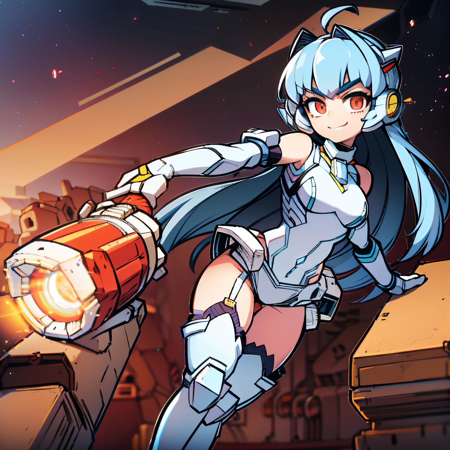 Young girl, blue hair, long hair, red eyes, white uniform, white space uniform, red cannon in hand, robot girl, Mecha girl, smiling, in one futuristic city,, 4k, masterpiece, anime, Anime 2D