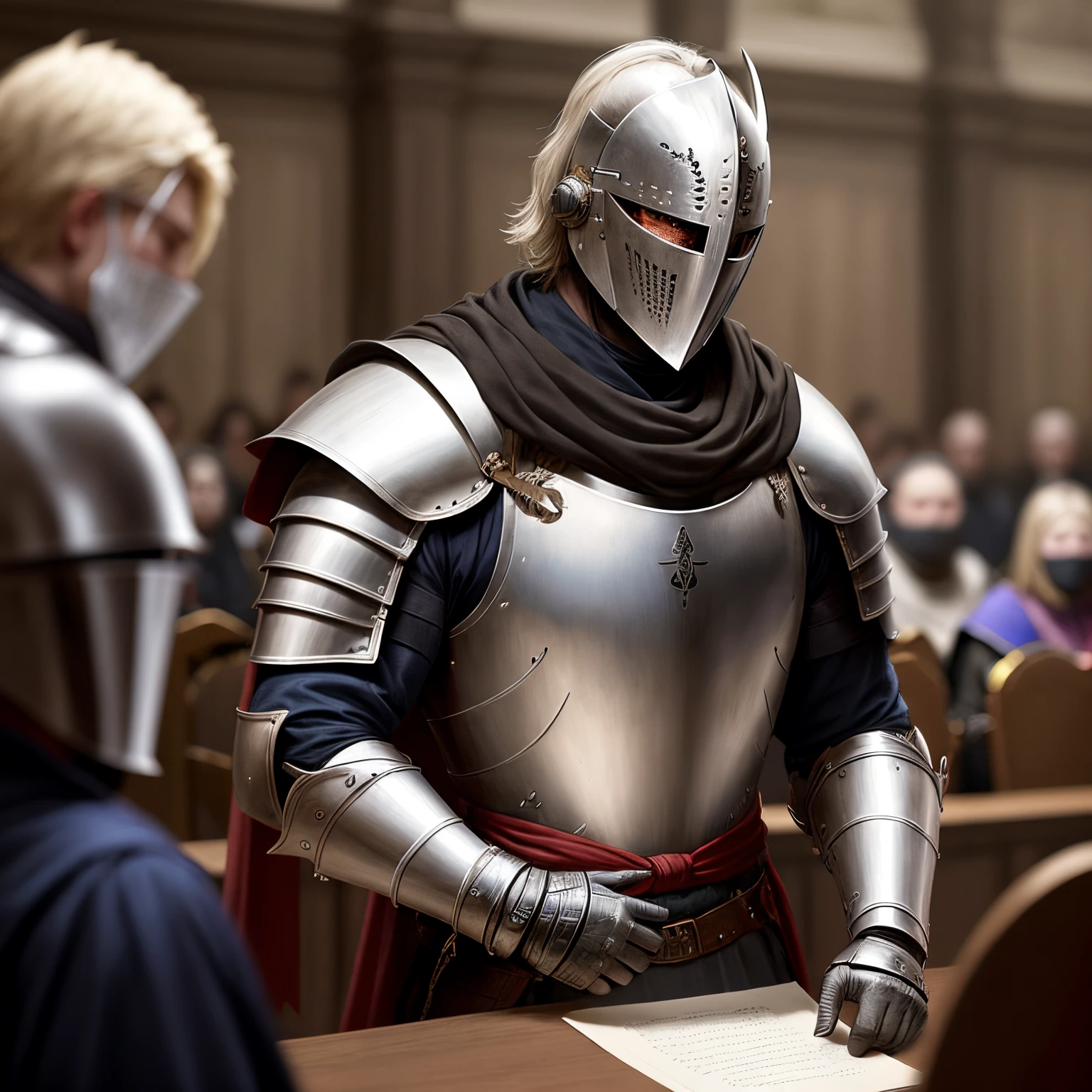 A masked male knight in court