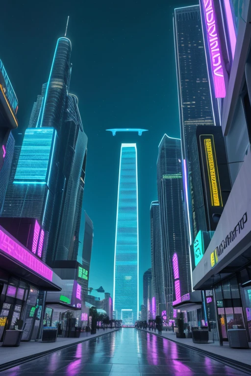 Describe a futuristic cityscape in 2050, Where futuristic skyscrapers rise up to the sky, illuminated by pulsing neon lights. The streets are lined with silent flying vehicles, enquanto hologramas flutuantes exibem publicidade interativa. Vertical gardens cover the facades of the buildings, combinando natureza e tecnologia. The sidewalks are made of self-cleaning material and change color as people pass by. Descreva os sons, smells and physical sensations of this futuristic landscape, 8k, cinematic ilumionation.