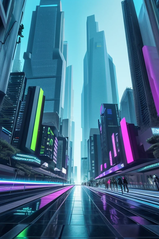 Describe a futuristic cityscape in 2050, Where futuristic skyscrapers rise up to the sky, illuminated by pulsing neon lights. The streets are lined with silent flying vehicles, enquanto hologramas flutuantes exibem publicidade interativa. Vertical gardens cover the facades of the buildings, combinando natureza e tecnologia. The sidewalks are made of self-cleaning material and change color as people pass by. Descreva os sons, smells and physical sensations of this futuristic landscape, 8k, cinematic ilumionation.