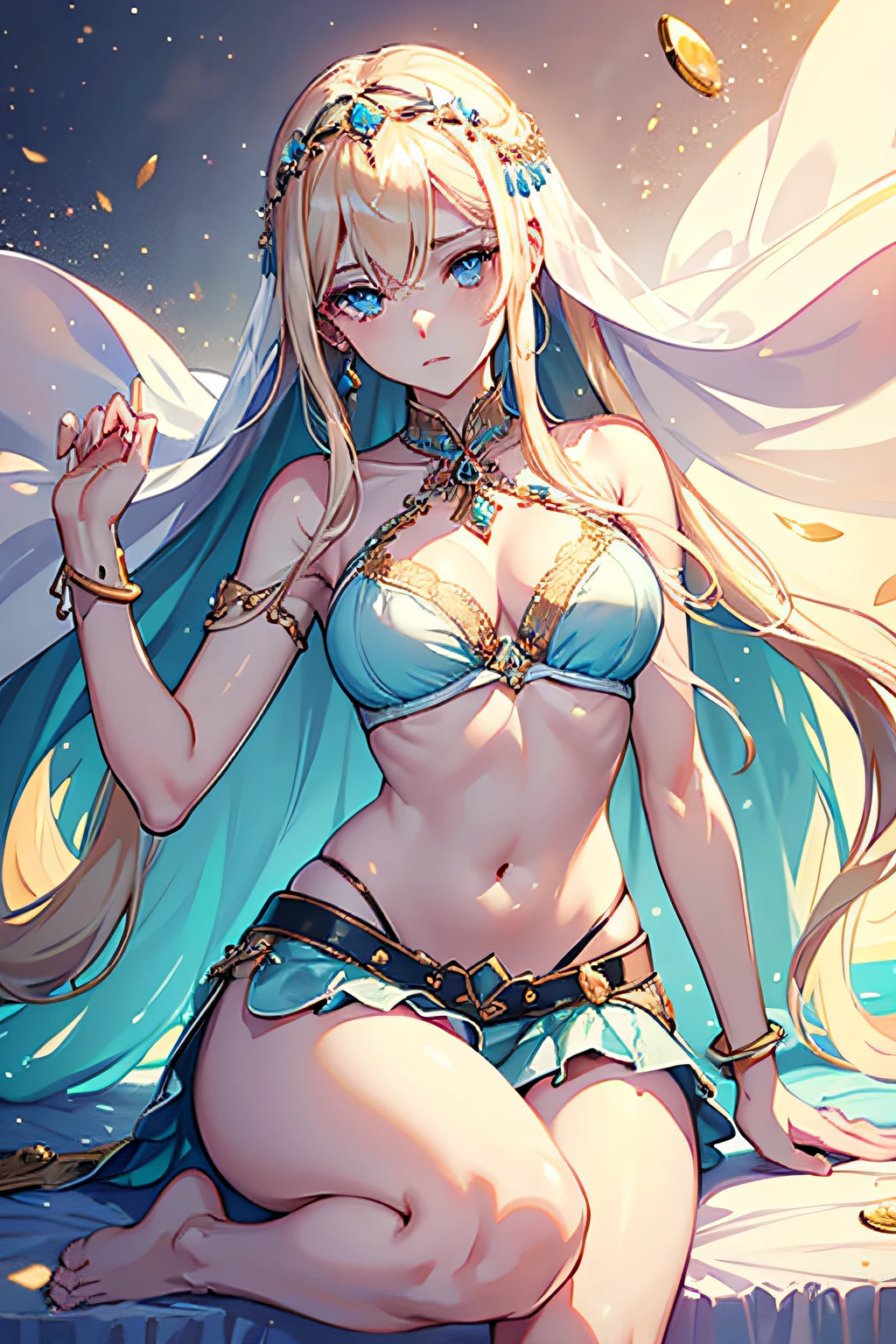 I am a young lady with pale skin, light blue eyes, long flowing blonde hair, I have a calm expression and some delicate shiny stones on my face. Wearing a bedlah, a traditional oriental belly dance ensemble, it has its color in a very light pink tone, a bra with shiny stones, a short skirt with a belt of sparkles and coins and a long veil all in the same color, I am without shoes. My movements are light and my position is delicate and charming