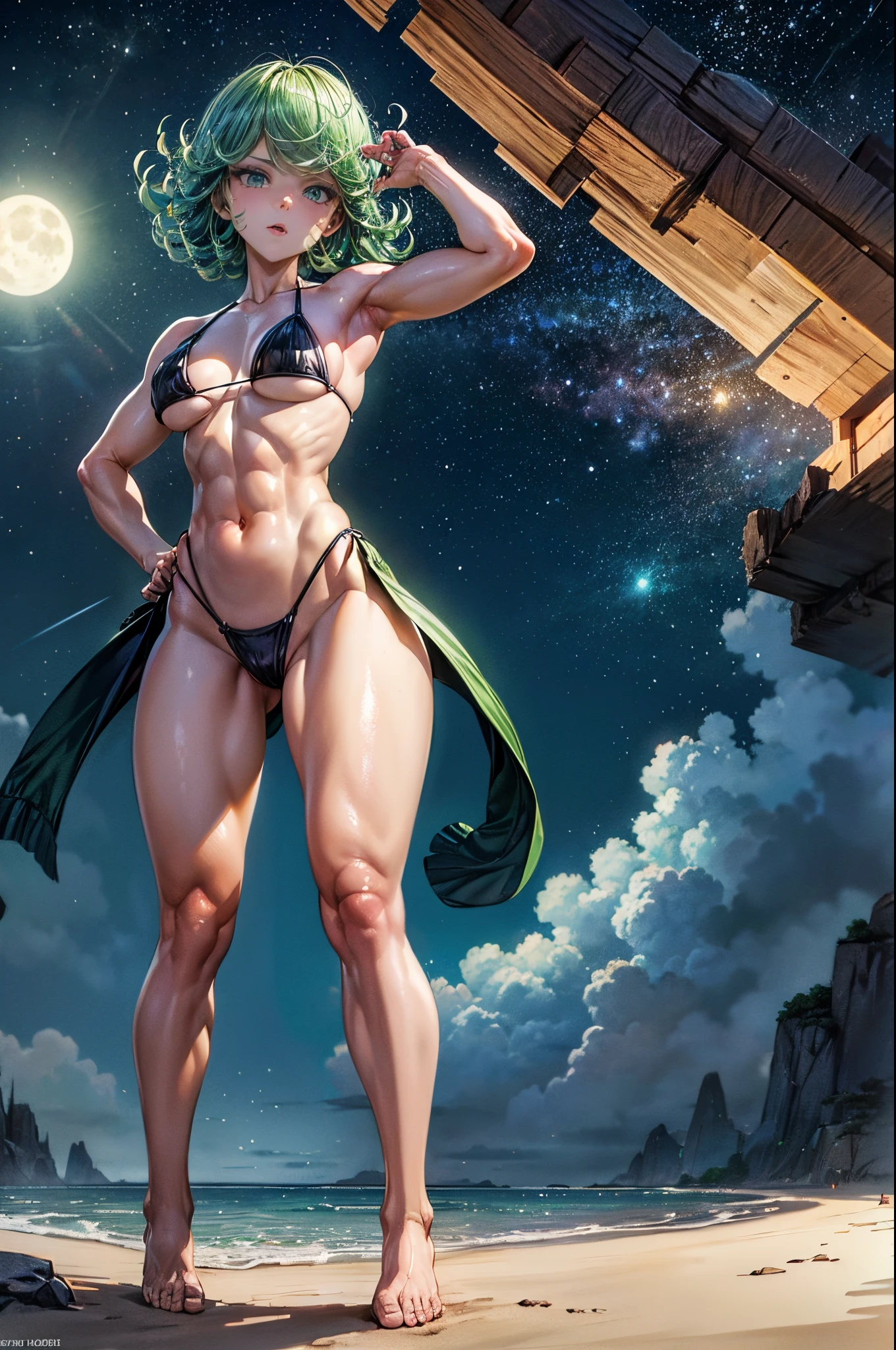 (((1 garota))), (Tatsumaki de um homem de soco), (cabelo verde curto), (olhos verdes), peito pequeno, (((wearing bikini))), whole body view, (Standing on the beach at night with starry sky and full moon), (((pernas musculosas))), cintura fina, muscle in the stomach, bunda grande, (((foto de corpo inteiro))), barefoot, ((( Stepping on the camera))), (de mau humor), ( eye reflection, olhos brilhantes , olhos brilhantes, Emburrado, anime, minimalismo, estilo anime, ray tracing, Cinematic lighting, Cinematic lighting, brilho, brilho, Artefatos JPEG, luz brilhante, raios de deus, ray tracing, sombra projetada, panorama, Sony FE, from behind, de baixo, de baixo, UHD, master part, ccurate, ccurate, anatomicamente correto, Super Detalhe, alta qualidade, best quality, Altas, 16k