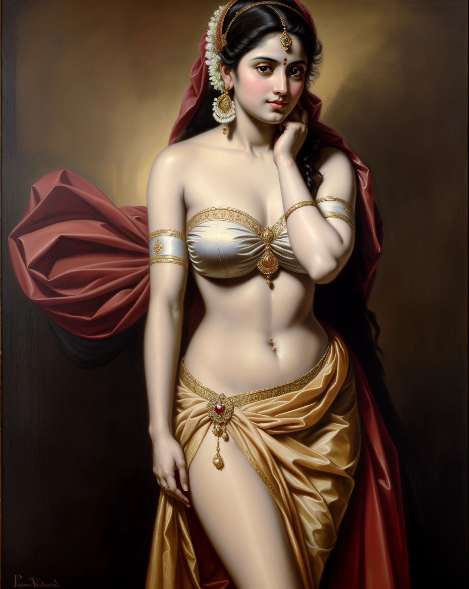 Beautiful Indian Woman, wearing saree, sari Beauty, gorgeous, Apsara, Maharani, royal queen woman, nymph from Hindu Mythology, Urvashi, matchless beauty, Highly detailed, Oil Painting by Peter Paul Rubens inspired by Raja Ravi Varma, Matchless beauty, captivating, gorgeous, heavenly beauty, celestial beauty, Jolyne as "The Butterfly" by Peter Paul Rubens, 1893, realistic, hyper realistic, micro details, incredible artwork, insane details, ultra High resolution, 8k, 32k, acrylic on canvas, intricate, flawless, detailed, detailed face, detailed eyes, masterpiece, by Peter Paul Rubens, by Caravaggio, by William Adolphe bouguereau, perfect face, perfect body, beautiful art, realism, baroque, renaissance Art, highly textured, beautiful and High clarity eyes, uhd, best quality,