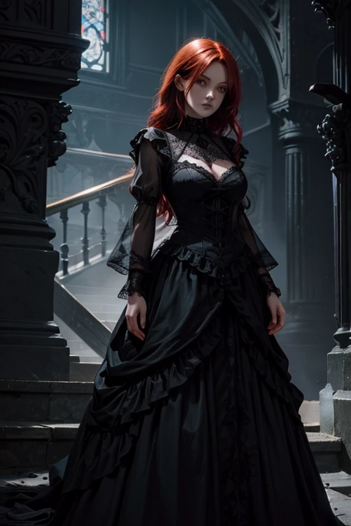 a gothic redhead with dark powers using a black lace dress