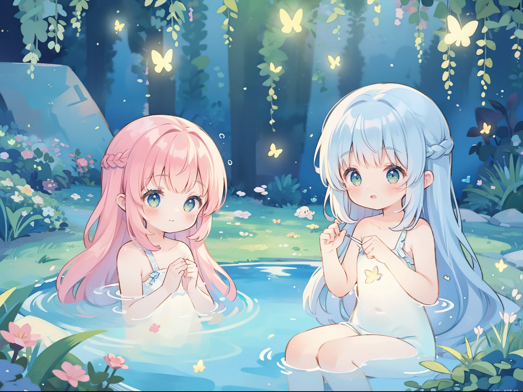 watercolor illustration, vibrant pastel colors, dreamy, colorful, whimsical, magical, masterpiece, best quality, sharp focus, intricately detailed environment, fine detail, 8k resolution, waterfall lagoon, water nymph girls, (magical lagoon), (waterfall, lake), (beautiful nude female spirits swimming in water), beautiful princess, glowing lights, fireflies, glowing butterflies, 2girls, 3girls