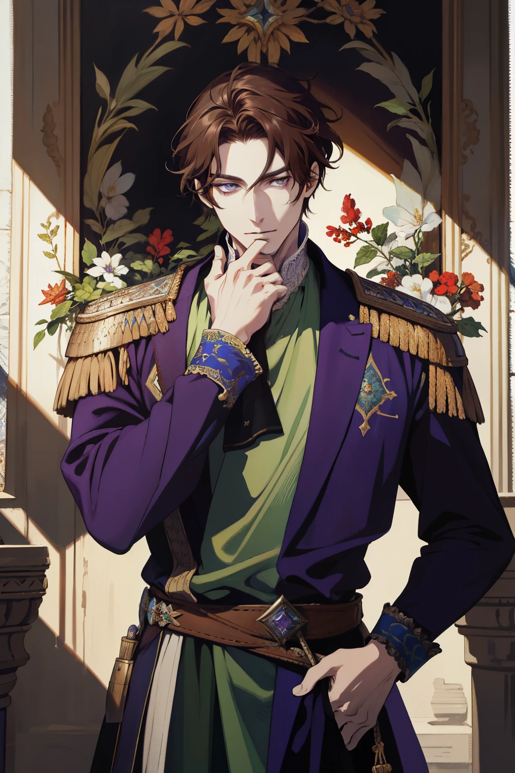 (absurd, high resolution, ultra detailed), paintings. The most interesting one Depicted King Lancelot. The founder of the country, He was depicted as pale. With dark green eye color and brown hair.
He fought against Kazimir. Who had dark hair and dark purple eyes.