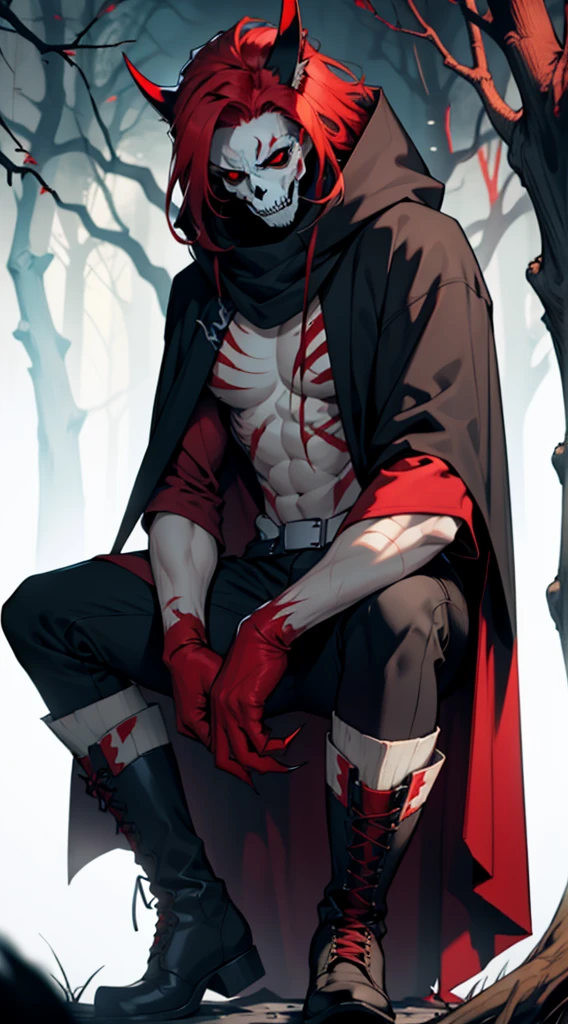 red hair,pale skin, glowing red eyes, sharp claws on his hand, wearing a skeleton mask, wearing a long dark cloak, wearing boots, has a crack on the mask, has scars on his body and demonic marks all over his body