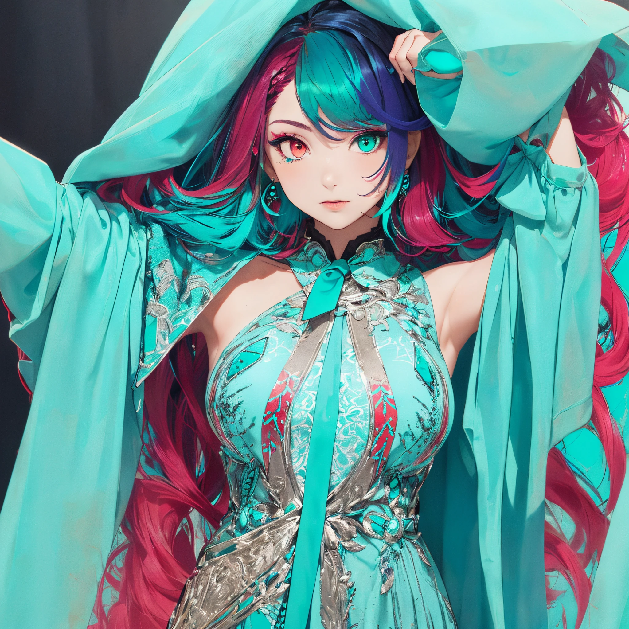 Masterpiece, Best Quality, 1 Girl, solo, (Heterochromia, Purple right eye:1.6, Red left eye), (turquoise hair :2.0) (Straight hair), (Long hair: 1.4), (turquoise dress: 1.4), (long-sleeved dress:1.2), (Shoulder-baring
outfit)(black necktie:1.2), 
(Overall impression of the screen is green)
