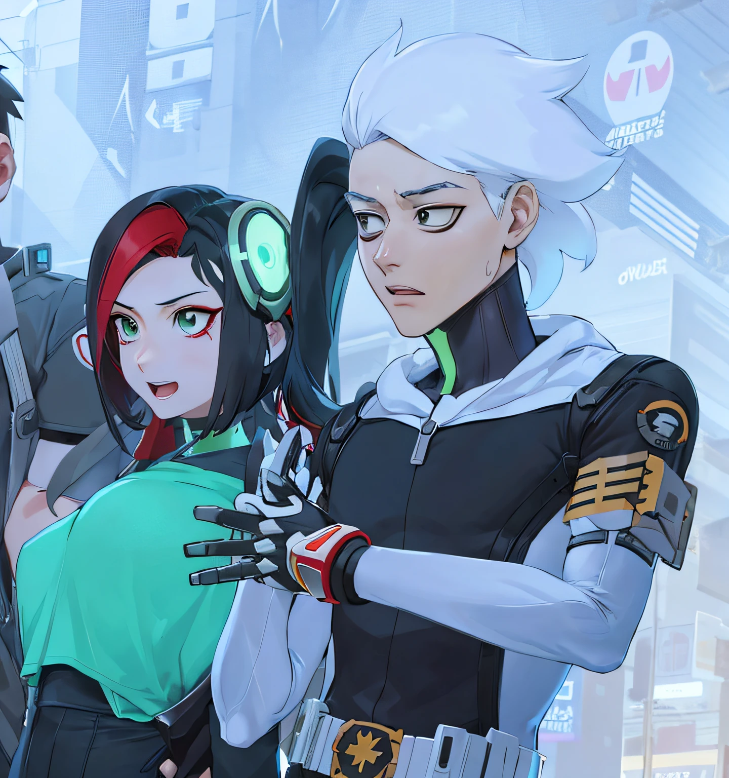 Anime characters, standing next to him, Overwatch Style, Guy and girl, is beautiful, qualitatively, Animated series, girl with red and black dyed hair, the guy has white hair, bags under eyes, green hologram, they cost epic, Cartoon poster, ........3d, well done.