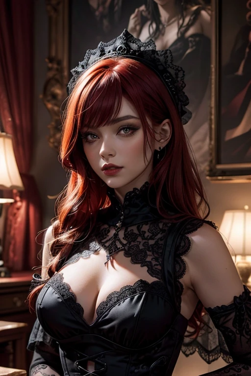 a gothic redhead with dark powers using a sexy  black lace dress