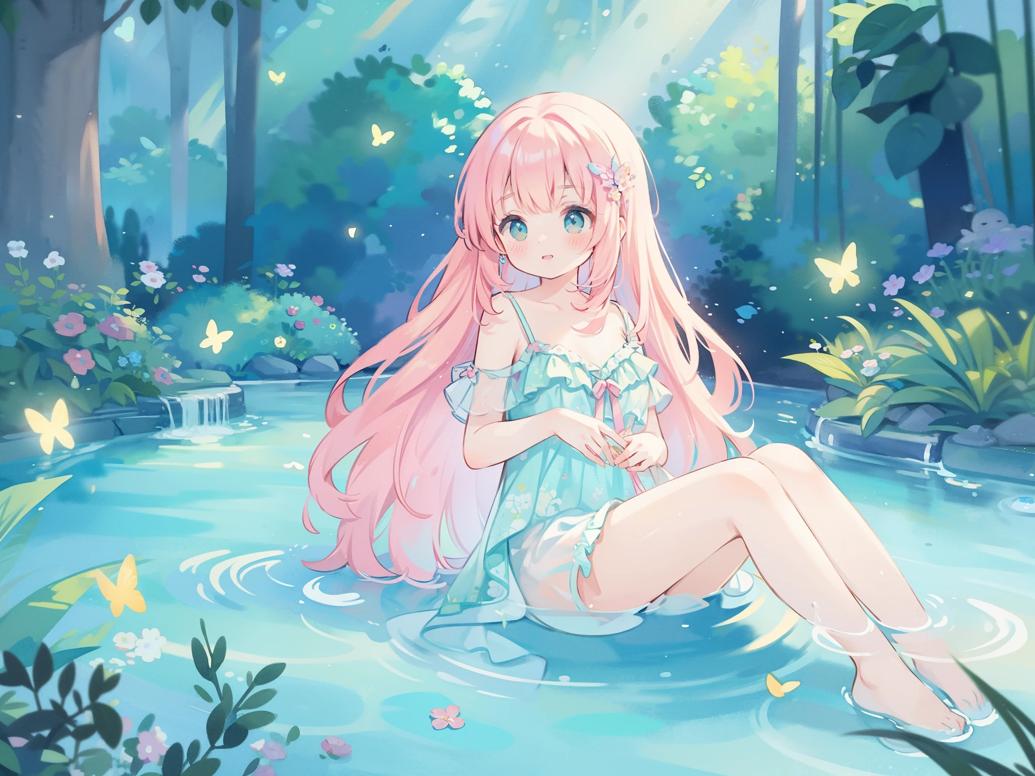 watercolor illustration, vibrant pastel colors, dreamy, colorful, whimsical, magical, masterpiece, best quality, sharp focus, intricately detailed environment, fine detail, 8k resolution, waterfall lagoon, beautiful water nymph girl bathing in the water