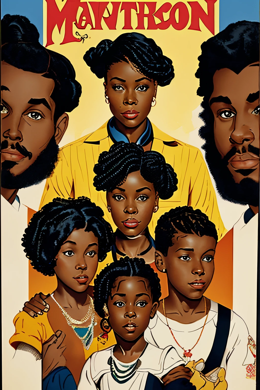 Disney poster called "Ms. Jackson" with a Black woman whith curls and her two children, young black girl with braids and a black teenage male with a faded twist haircut.