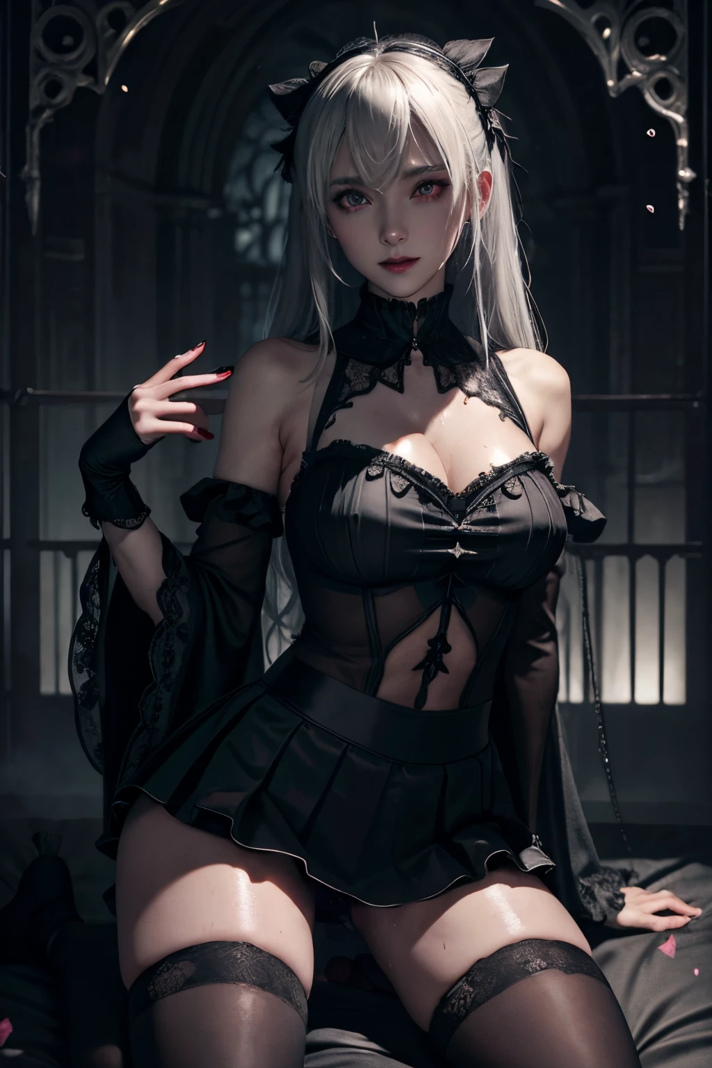 black lipstick、blacklips、black lips、Maniacal、Deep night sky、horor、Black Dark Eyeshadow、Good skin luster、Long hair straight hair、Dark smile、Restless Palace、Fragrant beauty、22year old、Lying、Dark Gothic、bell sleeves、Wizard Sleeve、Stained glass background、masutepiece、Best Quality、Refers to 5 books、Sweat glitters on my chest、Drunken face、Mysterious、noble、the body is wet and shiny、Transcendent sex appeal、open your legs sloppily、Lots of glitter on the thighs、I'm sweating a lot、twin-tail hair、Platinum blonde hair、my thighs are extremely wet、Jet black ruffled skirt、Shaded、Blue eyes on the right, red eyes on the left、Gothic bed covered with roses、knee high socks、thigh-high socks、Sticky and profuse sweat on the thighs、Tons of sticky shiny thighs、Sweat shining generously on the thighs、The whole body is shiny with sweat、A little glamour、platform heel shoes、Quite sweaty、My thighs are sweaty、Mysterious dark gothic dark black makeup、Chest size is modest、black metal world、