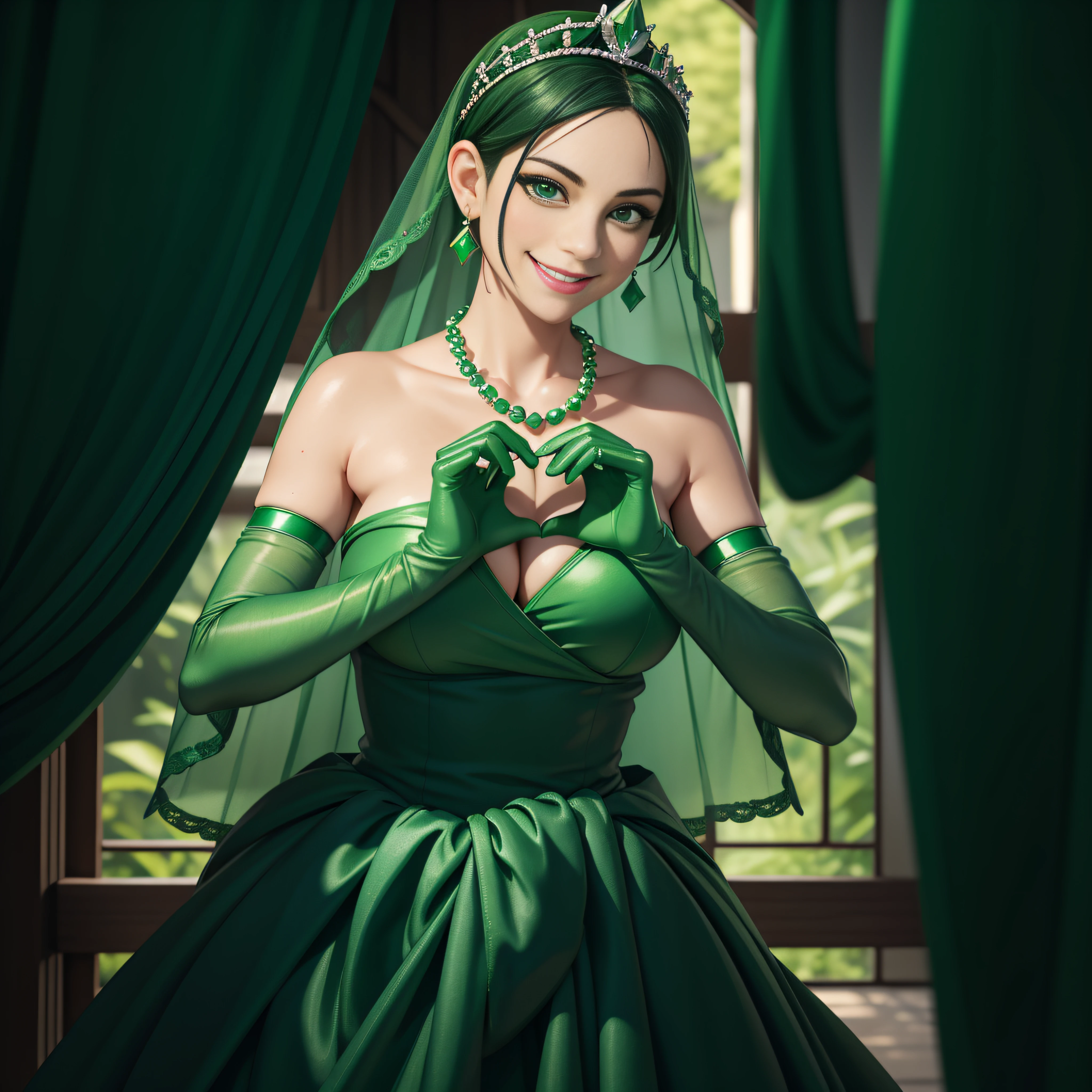 emerald tiara, Green Pearl Necklace, Boyish very short green hair, lipsticks, Japan woman smiling, very short short hair, big breasts beautiful, Green eyes, Long green gloves made of satin material, Green eyes, Emerald Earrings, green vale, Heart with both hands, Green hair