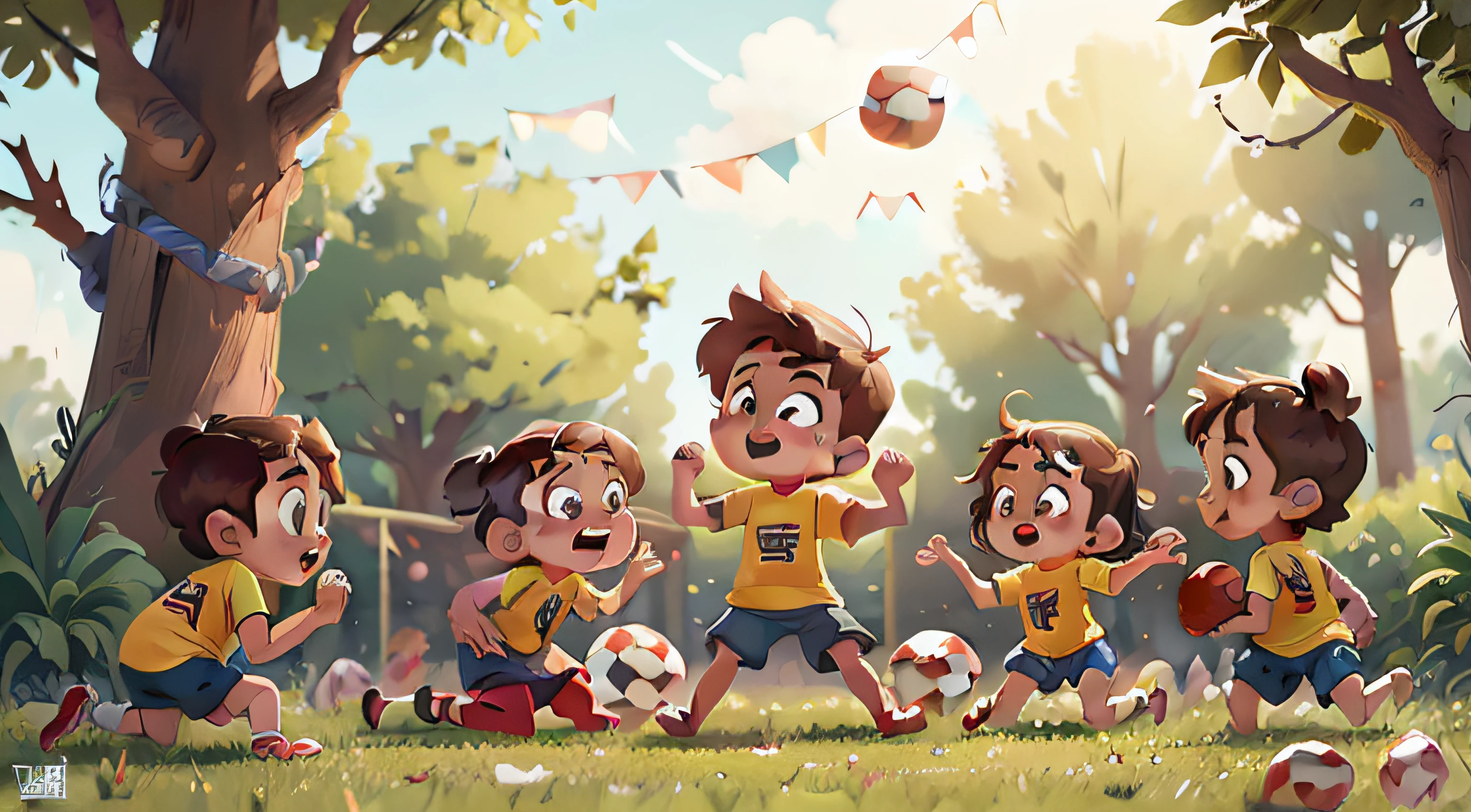 imagem Inspirado na Disney/pixar capturing a scene of children playing football wearing a shirt with the name Evangelismo kids