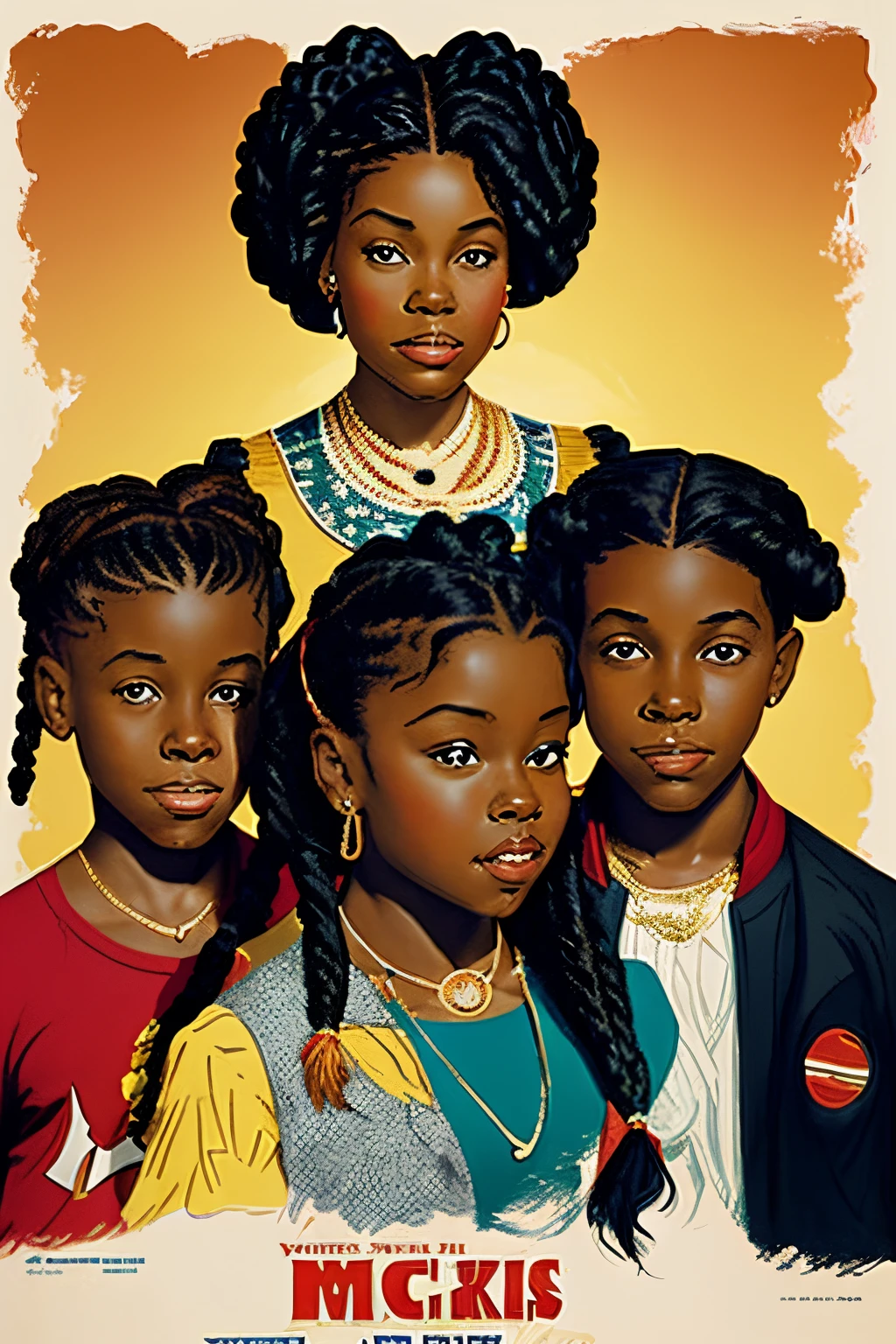 Disney poster called "Ms. Jackson" with a Black woman whith curls and her two children, young black girl with braids and a black teenage male with a faded twist haircut.