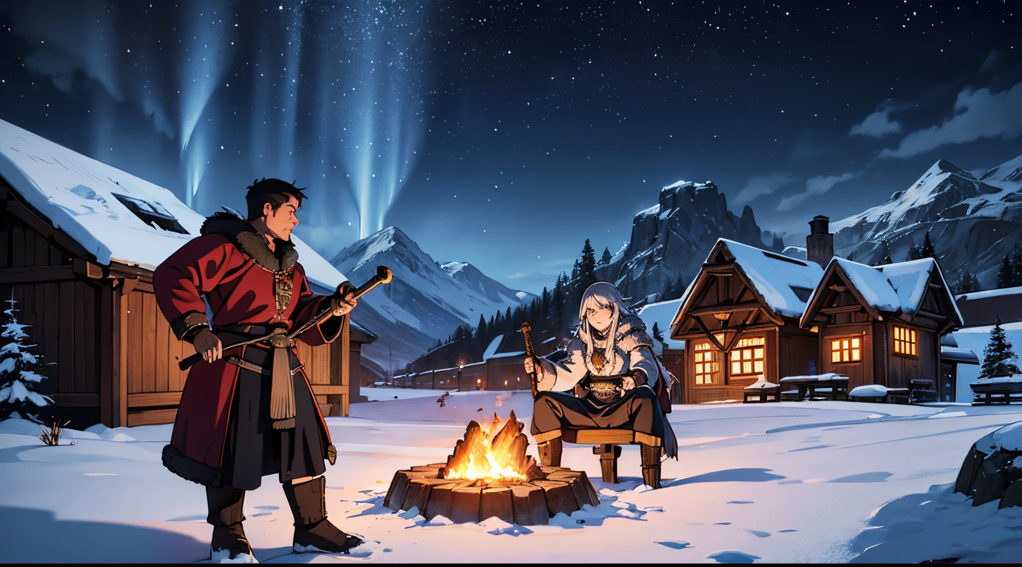 best quality,highres,ultra-detailed,snowy mountain,viking village,ancient Norse architecture,frost-covered rooftops,frozen waterfalls,wooden longhouses,warm candlelight,smoke rising from chimneys,majestic snowy peaks,distant aurora borealis,misty atmosphere,crisp winter air,ancient stone pathways,carved wooden statues,hardy viking warriors,plumes of breath in the cold air,flag banners fluttering in the wind,steep snowy slopes,ice-covered fjord,serene and peaceful ambiance,harmony with nature,faint echoes of viking songs,legendary Norse gods and mythology,seafaring longships docked at the harbor,snowflakes gently falling,thick furs and fur-lined clothing,warm and comforting mead,shield and sword training in the village square,stories of valor and adventure by the hearth,flickering firelight illuminating the village,foreboding yet enchanting winter landscape,rooftop icicles reflecting moonlight,snow-capped pine trees,reverence for nature and the elements,unyielding viking spirit,deep connection to their ancestral lands,blazing hearths inside the longhouses,feast of roasted meat and hearty vegetables,grand feast hall adorned with intricate carvings,aurora-lit night sky casting an ethereal glow over the village,丹麦viking battle ship,traditional Norse music filling the air,shield maidens telling tales of their daring expeditions,