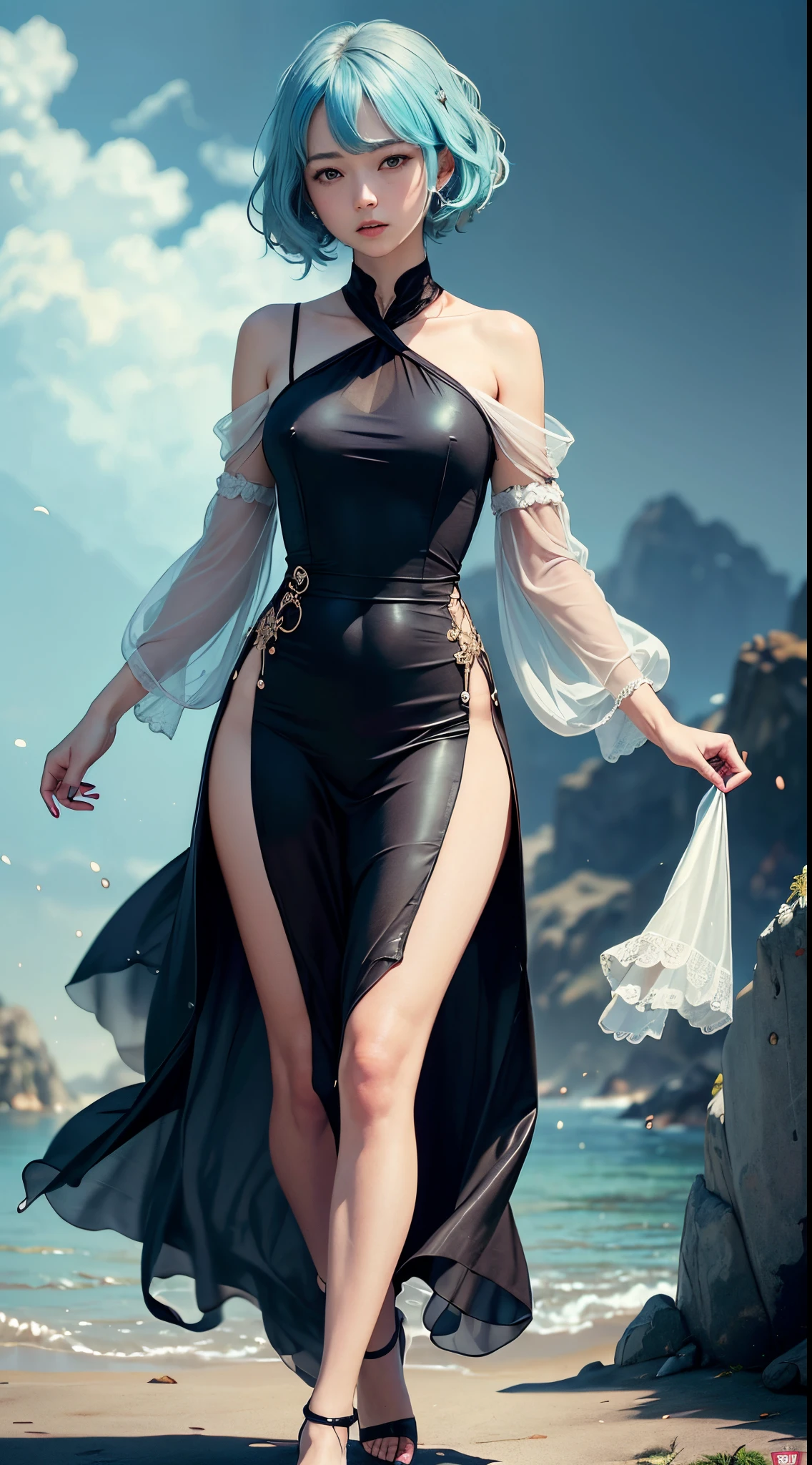 ​masterpiece、top-quality、1 girl in、独奏、（Unusual pupils、right eye：1.6、Red left eye）、（Turquoise hair：2.0）、（straight haired）、（Long：1.4）、（turquoise dress：1.4）、（Long sleeve dresses：1.2）、（Shoulder Length Clothing）（Black tie：1.2）、（The overall impression of the screen is green）
