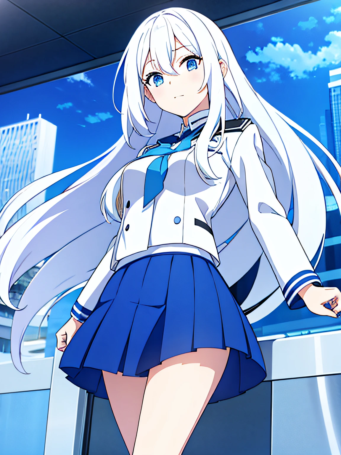 1girl, long white hair, blue eyes, wearing a school uniform, looking at viewer