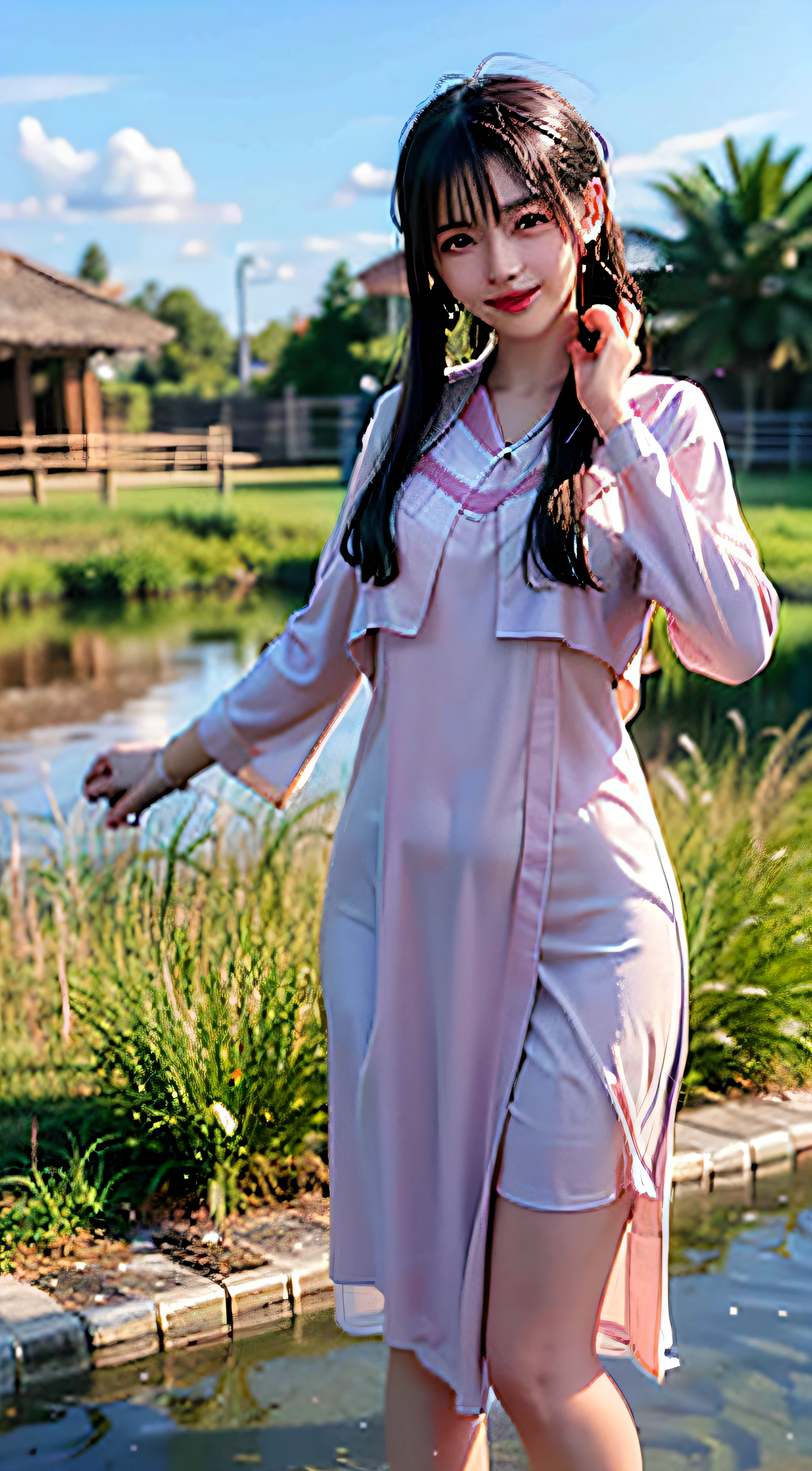 1 women malay wear hijap in rice paddy, bright sunshine, ankle length dress, shawl, long sleeved shirt, bright clothing, dark skin, highres,4k,HDR,1girl, photorealistic, realistic,sweat skin, thin face, standing in water, medium breasts, wet clothes, wet body, soaked, dripping, smiling at viewer, closeup