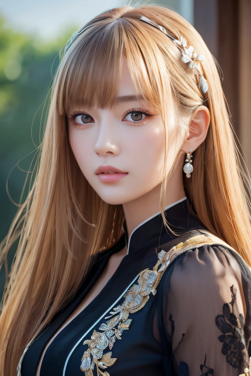 A woman with long hair wearing a black dress and gold accessories ...