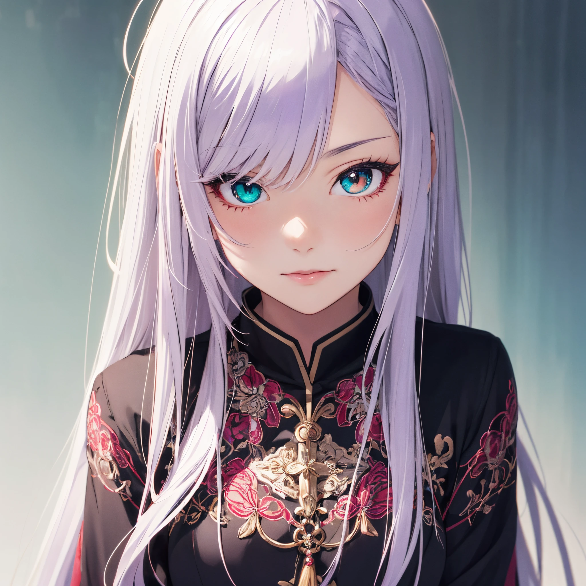 Anime Girl, Heterochromia, (Right eye is red、left eye is purple), Detailed eyes, Best Quality, 

1 girl, Only, hairstyle on、vestments、Turquoise throughout with intricate detailing （1girll，独奏，Long straight hair，Sharp face，depth of fields，Think left