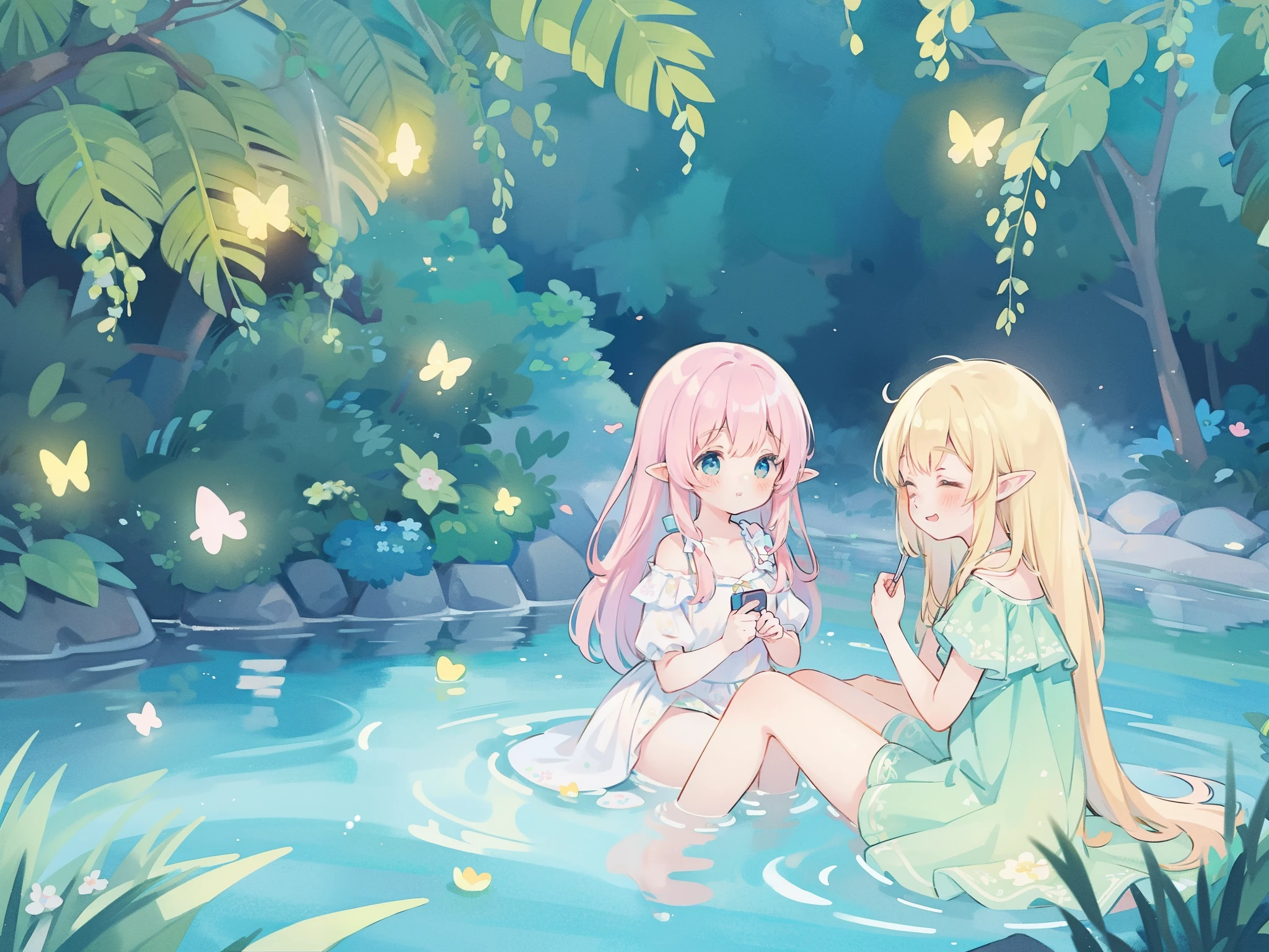 picture book illustration, watercolor illustration, vibrant pastel colors, dreamy, colorful, whimsical, magical, masterpiece, best quality, sharp focus, intricately detailed environment, fine detail, 8k resolution, waterfall lagoon, water nymph girls, (magical lagoon), (waterfall, lake), (beautiful female spirits swimming in water), beautiful princess, glowing lights, fireflies, glowing butterflies, 2girls, 3girls