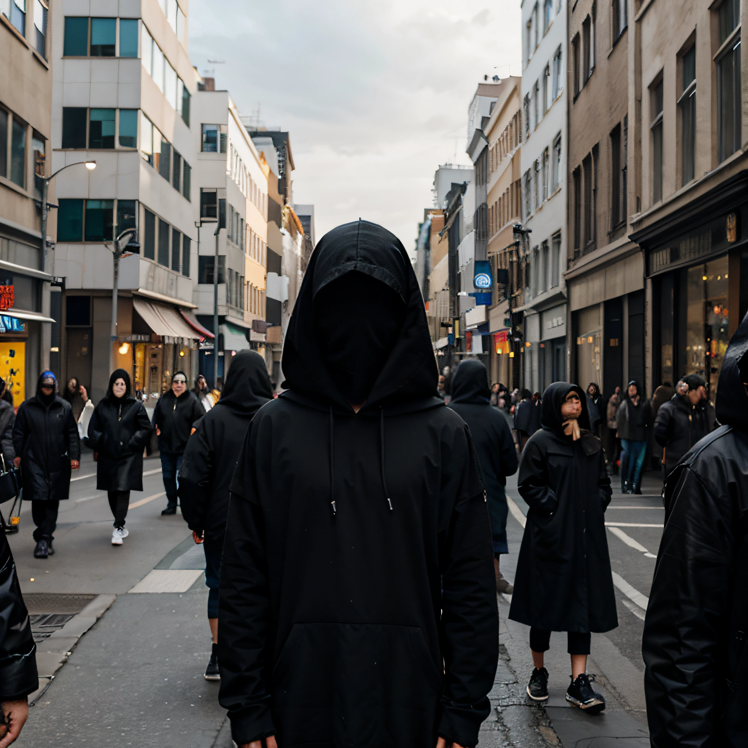 thousands of people in black tops with hoods on the street with their heads lowered