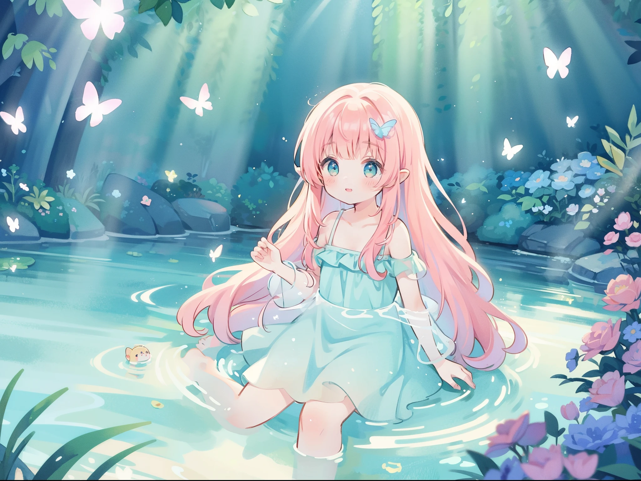 picture book illustration, watercolor illustration, vibrant pastel colors, dreamy, colorful, whimsical, magical, masterpiece, best quality, sharp focus, intricately detailed environment, fine detail, 8k resolution, waterfall lagoon, water nymph girls, (magical lagoon), (waterfall, lake), (beautiful female spirits swimming in water), beautiful princess, glowing lights, fireflies, glowing butterflies, 2girls, 3girls