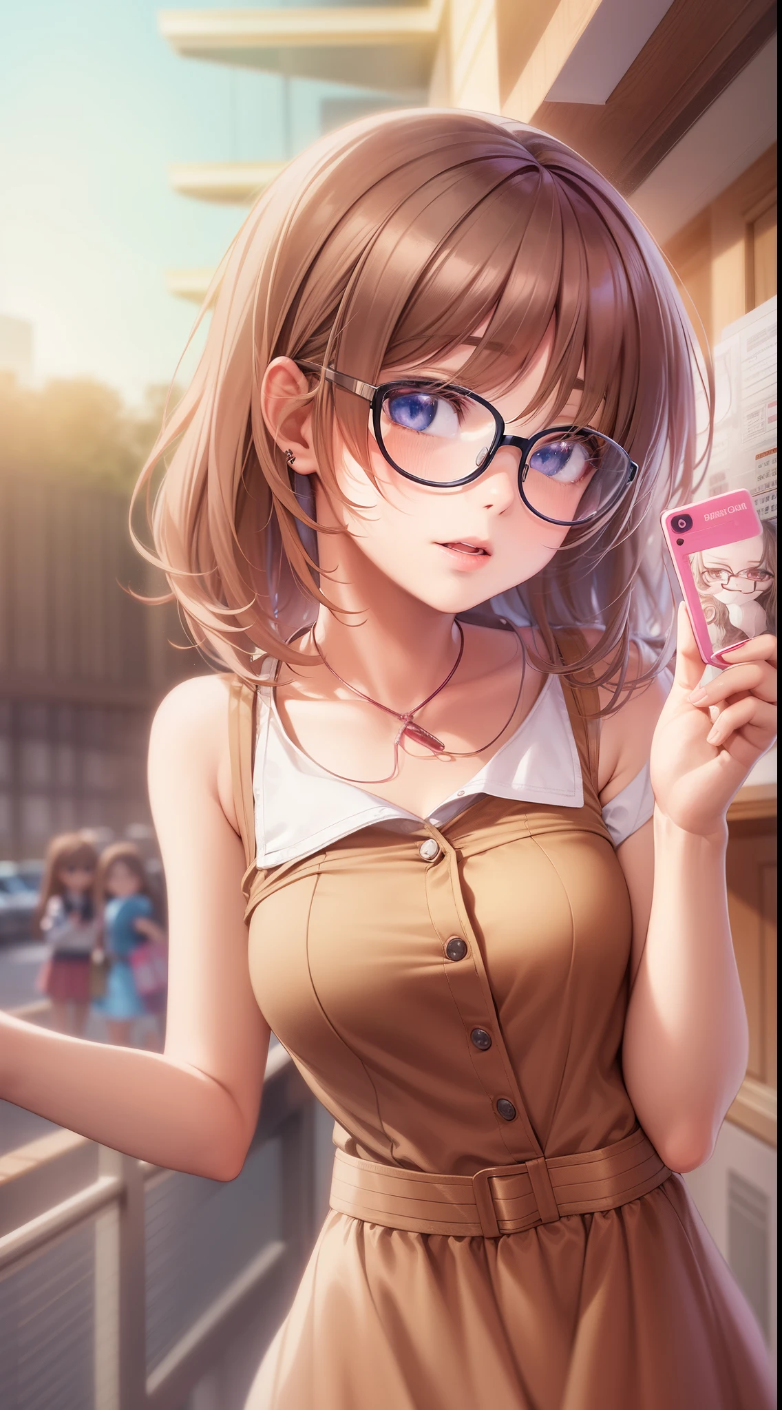 Anime - A woman wearing a brown dress and glasses takes a photo, small curvy loli, a hyperrealistic schoolgirl, a hyperrealistic schoolgirl, loli in dress, Cute anime waifu in a nice dress, Smooth Anime CG Art, anime highly detailed, Seductive Anime Girl, with glasses, photorealistic anime girl render, Detailed Digital Anime Art