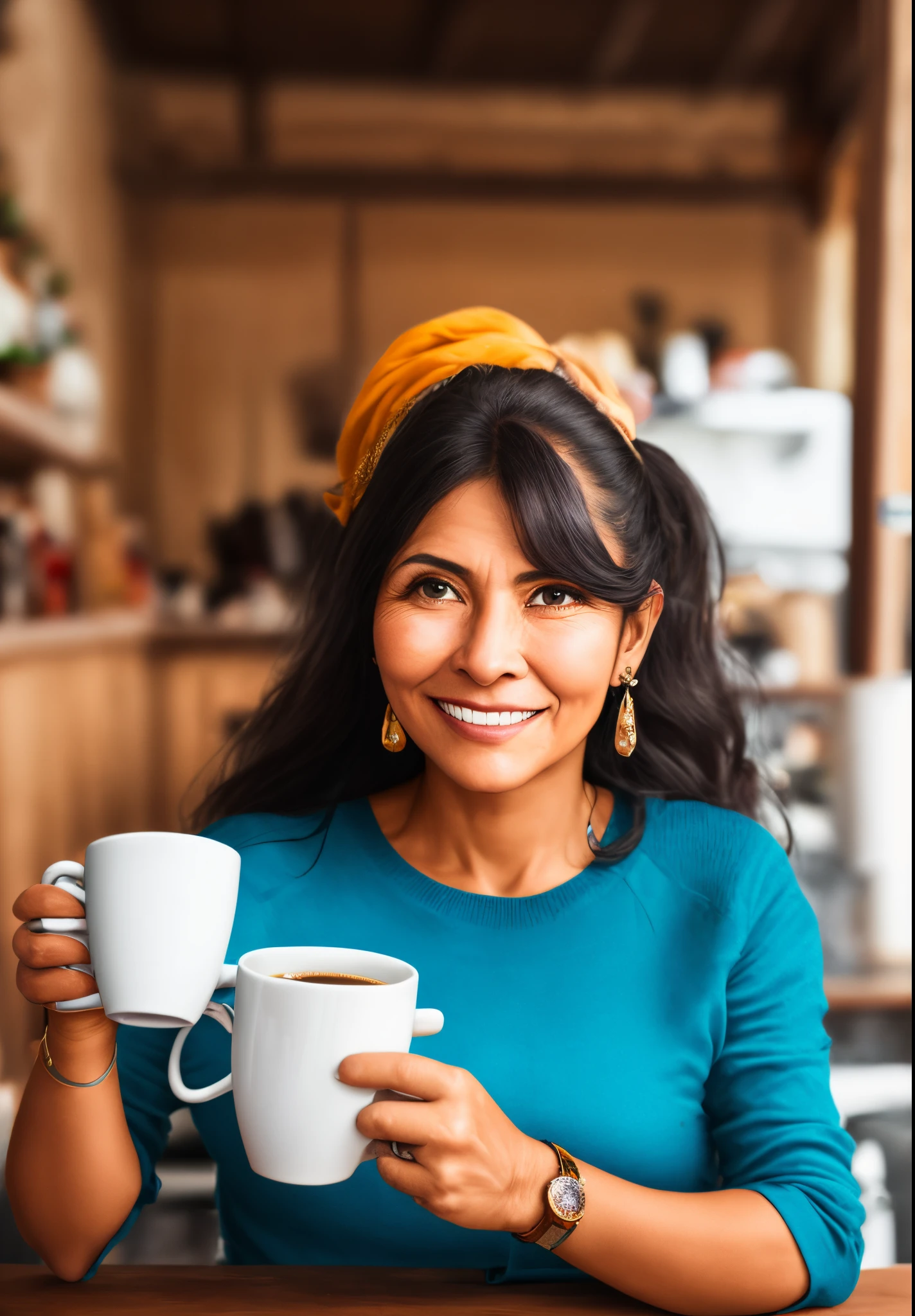 Colombian woman drinking coffee