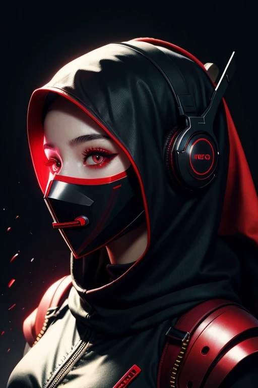 girl with red hijab, red eyes, futuristic vibes, mask on mouth, headphones, 8k, high quality, simple background, glowing eyes, nice pose