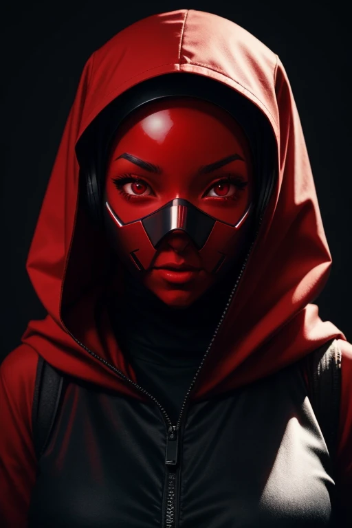 girl with red hijab, red eyes, futuristic vibes, mask on mouth, headphones, 8k, high quality, simple background, glowing eyes, nice pose