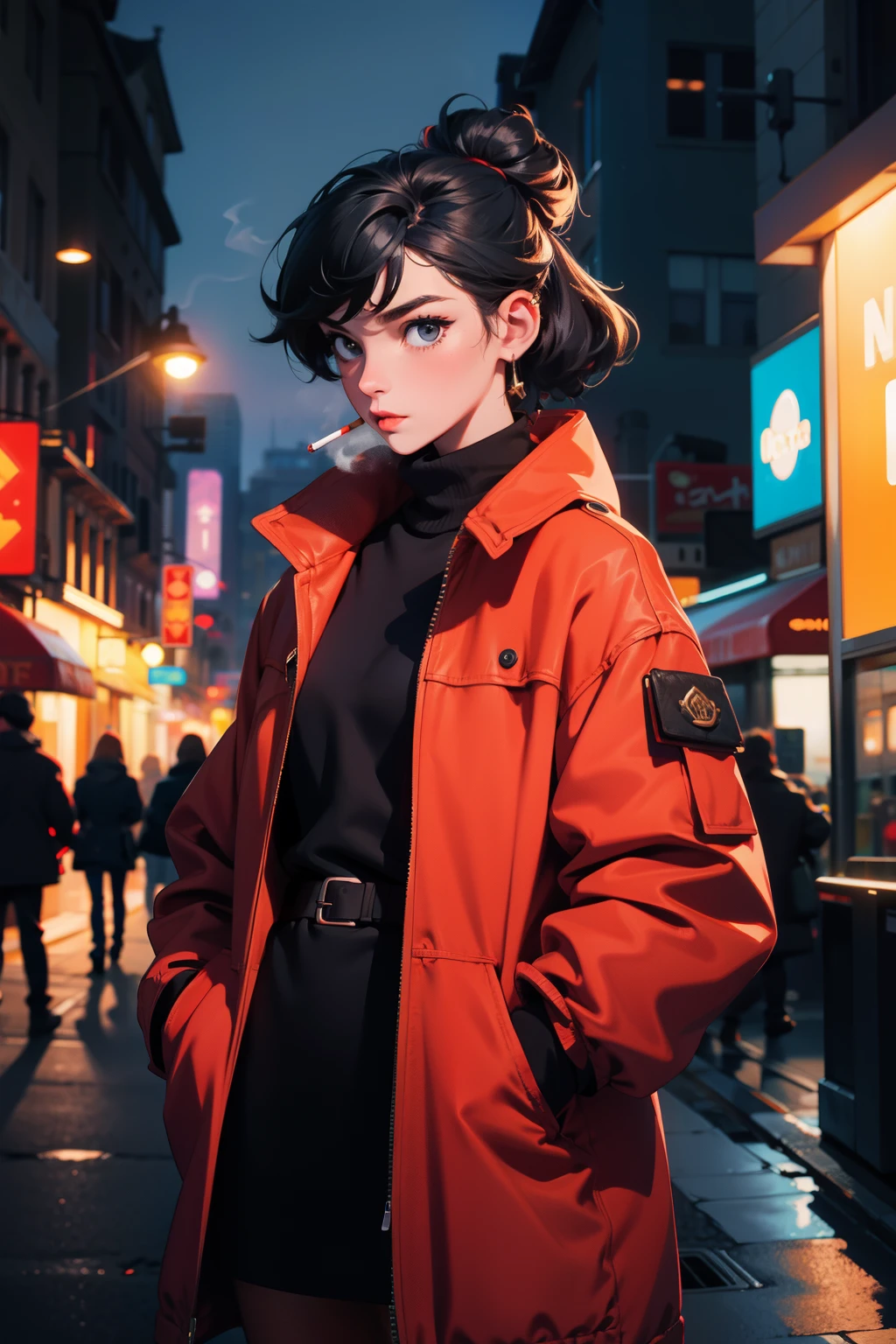 girl，The city at night，Sateen，Manteau，Hand pockets,Smoking