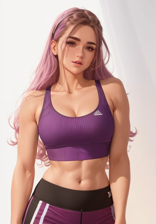 cropped image of a woman in a purple sports bra, Topo de colheita, Esporte bom, top roxo, detailed sports bra, sport bra and shirt, topo de cabresto roxo, feito com photoshop, Bralette, Tanque Violeta Apertado, sports bra, Titular Top, topo de corte, sport bra and shorts, in illustration style digital, Titular Top