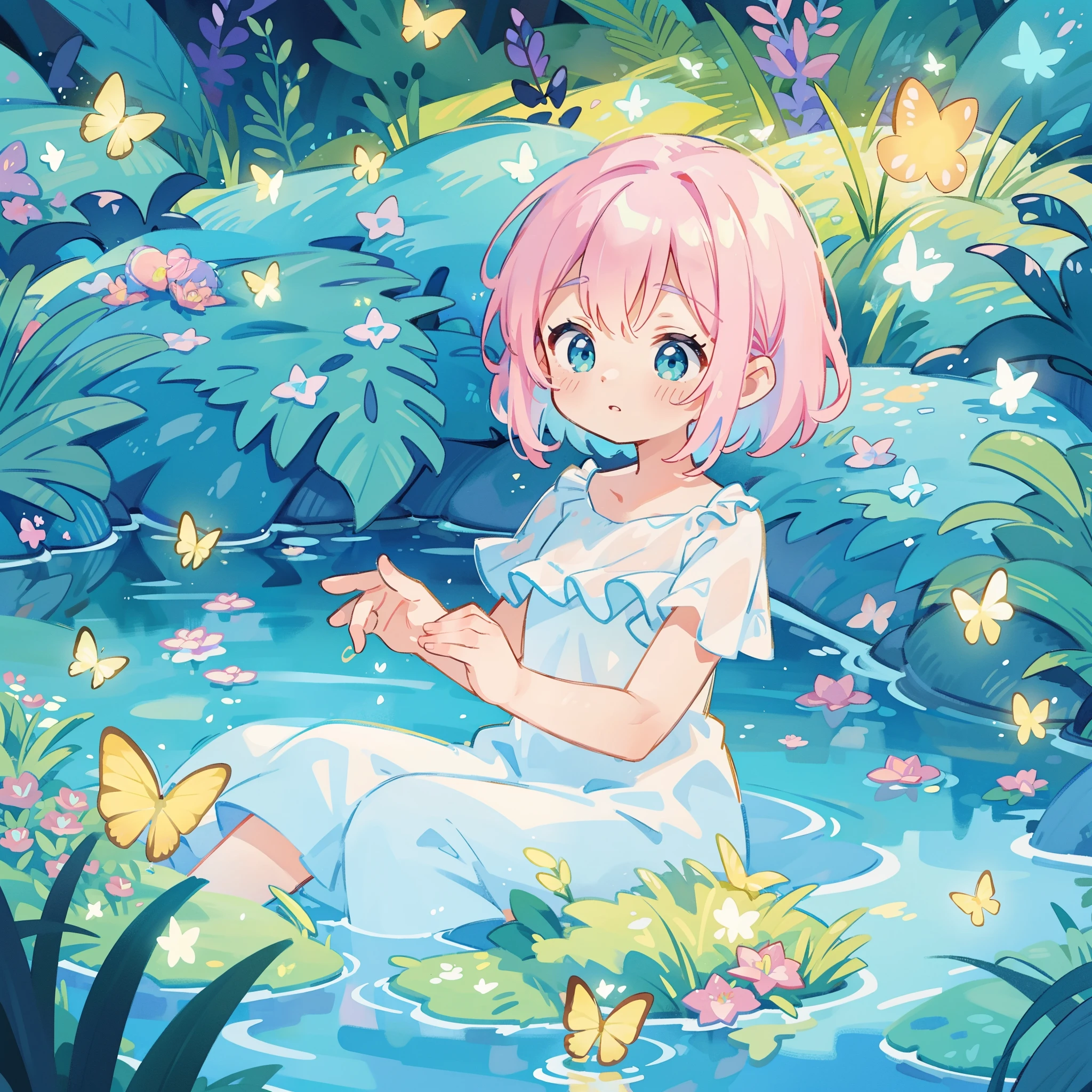 watercolor illustration, vibrant pastel colors, dreamy, colorful, whimsical, magical, masterpiece, best quality, sharp focus, intricately detailed environment, fine detail, 8k resolution, waterfall lagoon, (magical lagoon), (waterfall, lake), glowing butterflies, cute puffy fairy creatures, glowing beautiful girl