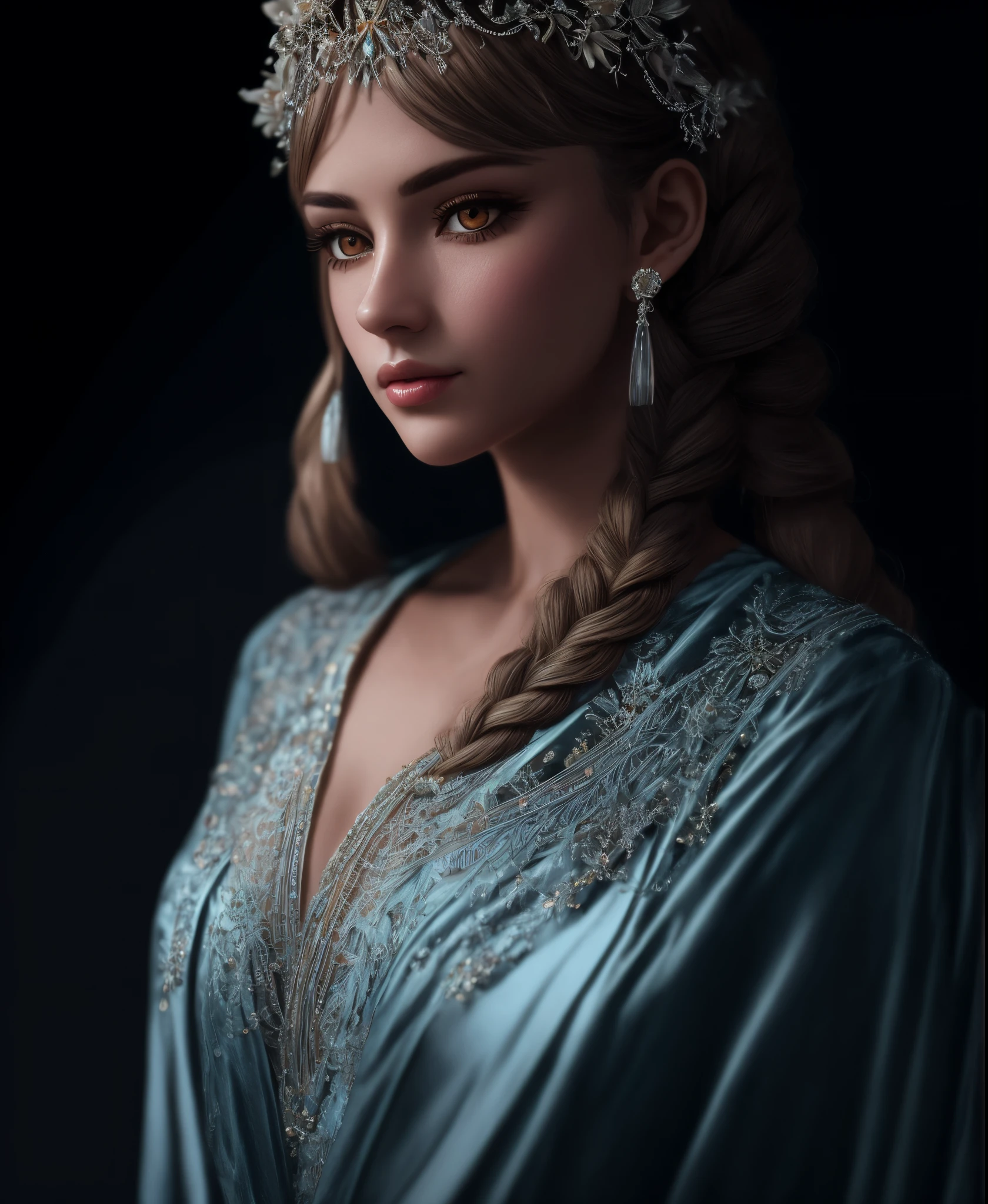 tmasterpiece,Highest high resolution,Bust of a beautiful noble maiden,Delicate braided hair,coiled hair,Glowing clear eyes,Hair is covered with beautiful and delicate floral craftsmanship, krystal、Diamond Jewelry Wire Work,Ultra-detailed details,upscaled,softlighting。