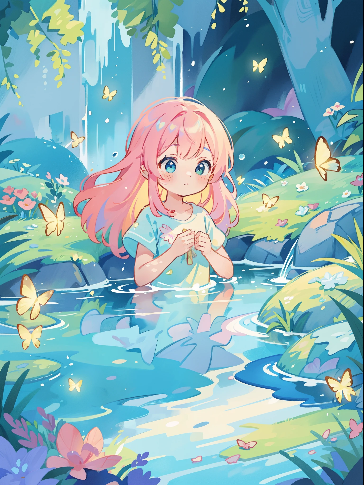 watercolor illustration, vibrant pastel colors, dreamy, colorful, whimsical, magical, masterpiece, best quality, sharp focus, intricately detailed environment, fine detail, 8k resolution, waterfall lagoon, (magical lagoon), (waterfall, lake), (beautiful water spirit girl swimming in water), glowing lights, fireflies, glowing butterflies