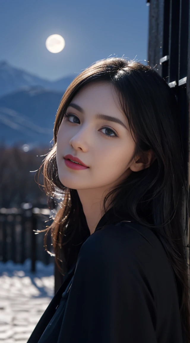8K, Top Quality, Intricate Details, Ultra Detail, Ultra High Resolution, Masterpiece, random angle, Slender, Smile, (Makeup: 0.4), (Fluffy Blue Eyes: 1.21), blue Eyes, looking at viewer, ((oily shining full body)), 1girl, solo, 1 girl, (( full body)), close up shot, , ((tall)), (((fit body))), (((slim face))), sharp face, sharp eyes, (((black hair, long hair, )) , (detailed face), sharp face, small lips,
(( )), (abaya)), detailed face, detailed breast, , large breast, detail ass, , Beautiful girl with accentuated slender abs: 1.4, Six Pack Abs: 1.4, Bust Botox, Big, Perfect Body, detail leg, (( moonlight)), top of mountain
