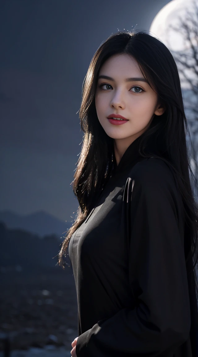 8K, Top Quality, Intricate Details, Ultra Detail, Ultra High Resolution, Masterpiece, random angle,  Slender, Smile, (Makeup: 0.4), (Fluffy Blue Eyes: 1.21), blue Eyes, looking at viewer, ((oily shining full body)), 1girl, solo, 1 girl, (( full body)), close up shot, , ((tall)), (((fit body))), (((slim face))), sharp face, sharp eyes, (((black hair, long hair, )) , (detailed face), sharp face, small lips,
 (( )), (abaya)),  detailed face, detailed breast, , large breast, detail ass, , Beautiful girl with accentuated slender abs: 1.4, Six Pack Abs: 1.4, Bust Botox, Big, Perfect Body, detail leg, (( moonlight)), top of mountain