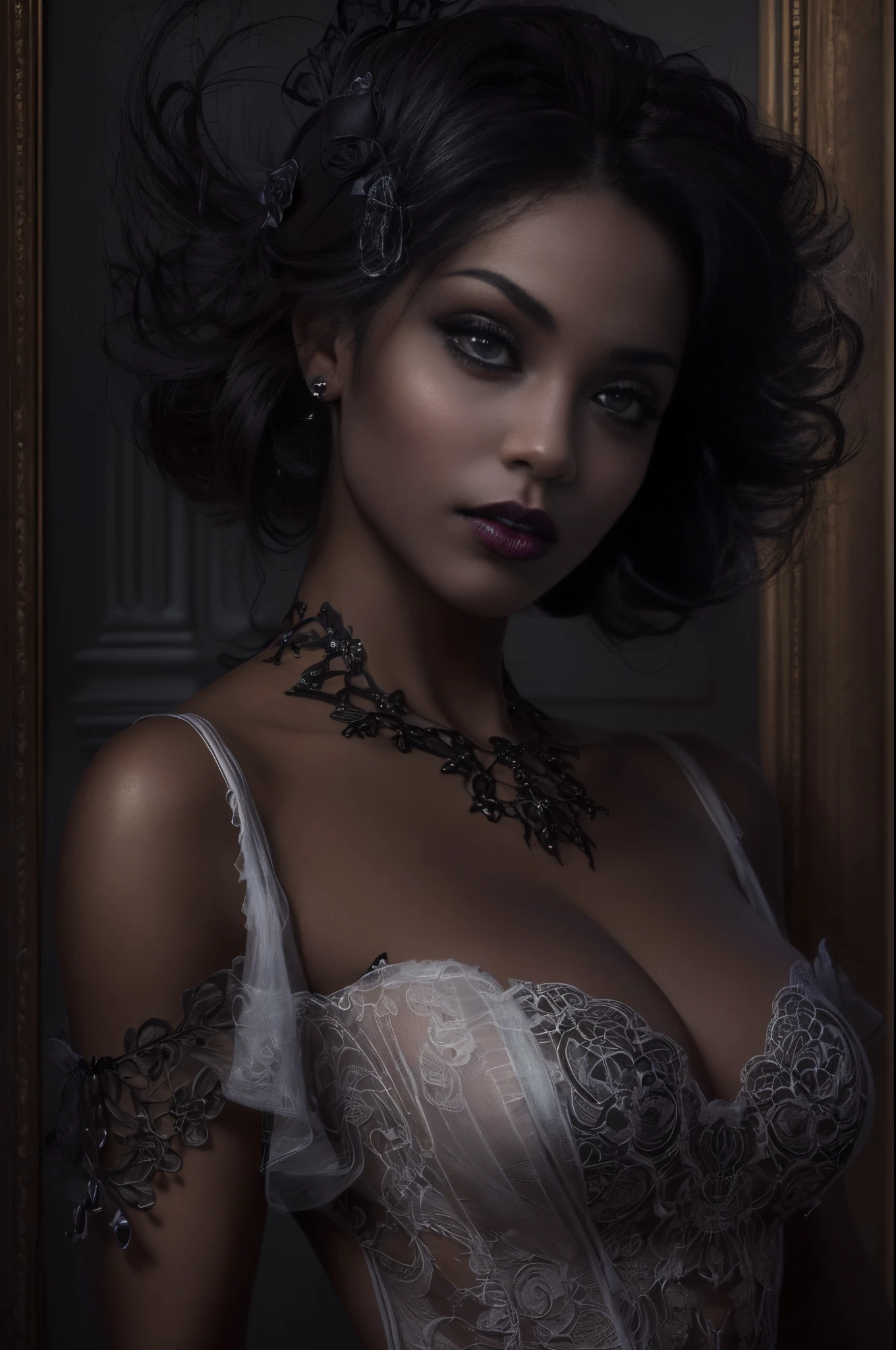 (best quality, 4k, 8k, highres, masterpiece:1.2), ultra-detailed, (realistic,photorealistic,photo-realistic:1.37), gorgeous light skin black woman, vampire, seductive gaze, elegant posture, gothic background, sensual beauty, gothic fashion, black gothic mini gown, pantyhose, dark colors, moody lighting, full body pose