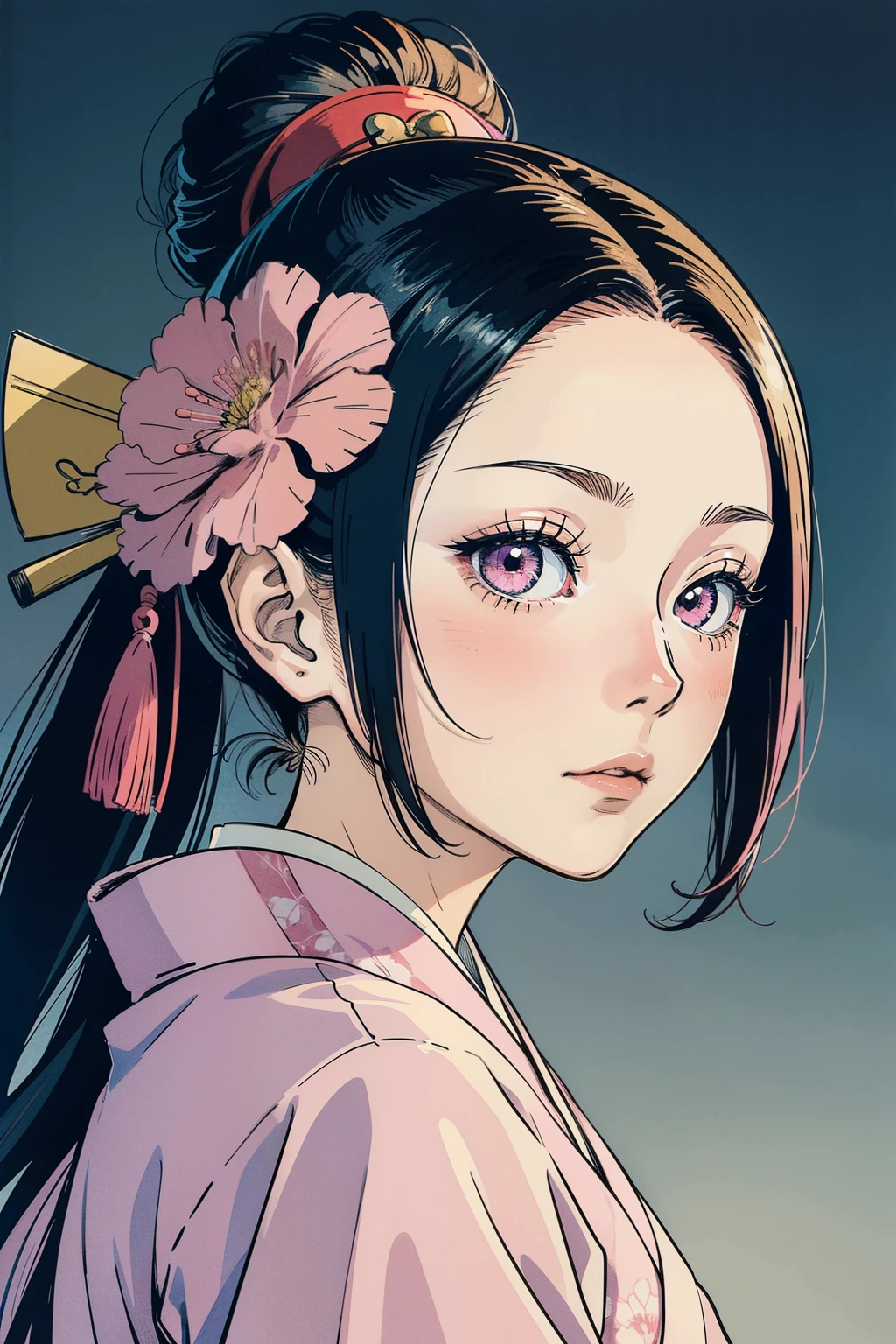 a close up of a person in a pink kimono, coloured manga scan, sui ishida art manga, inspired by Kusumi Morikage, female samurai, manga style of kentaro miura, high quality colored sketch, by Yoshiyuki Tomino, koyoharu gotouge, inspired by Nishikawa Sukenobu, harumi, omina tachibana