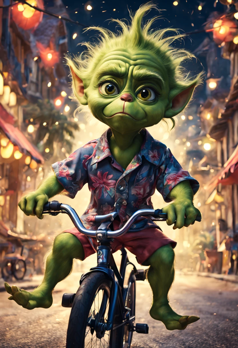 fantastically beautiful baby Grinch, huge expressive eyes, in a Hawaiian shirt, riding a bicycle, a whirlwind of sparks, fantasy art, ultra-detailed, hyperrealism, dark world, bokeh and shimmering dust, Christiandior, impeccable lines, precise detail, grunge style