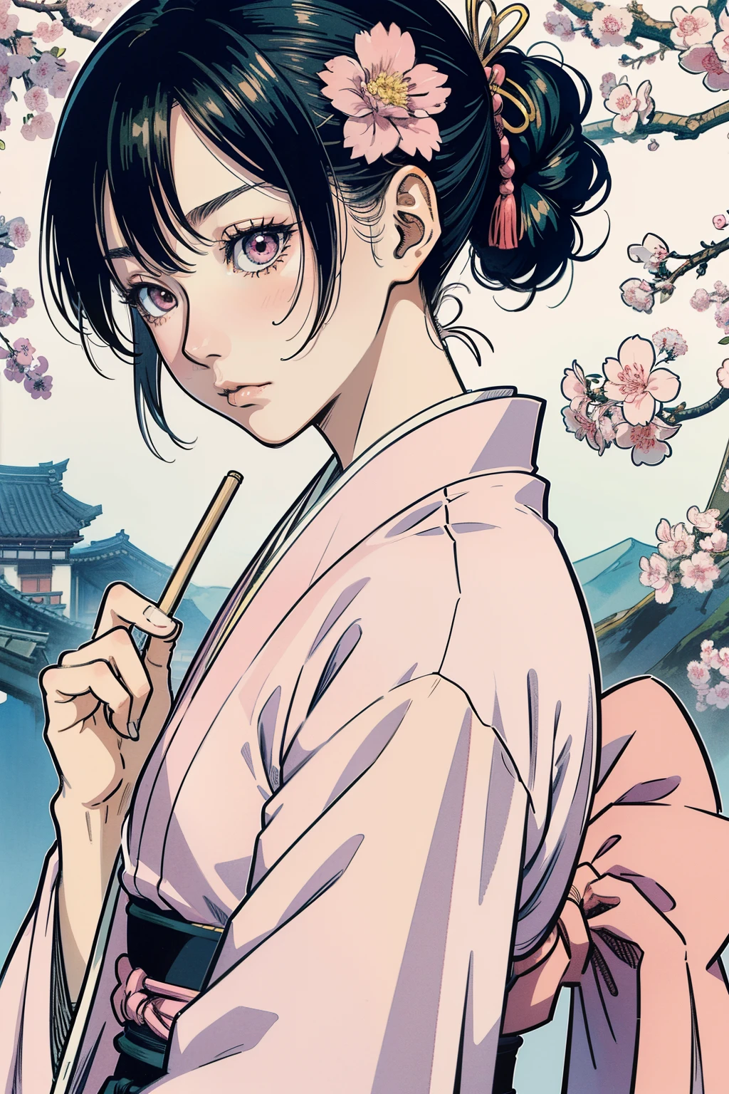 a close up of a person in a pink kimono, coloured manga scan, sui ishida art manga, inspired by Kusumi Morikage, female samurai, manga style of kentaro miura, high quality colored sketch, by Yoshiyuki Tomino, koyoharu gotouge, inspired by Nishikawa Sukenobu, harumi, omina tachibana